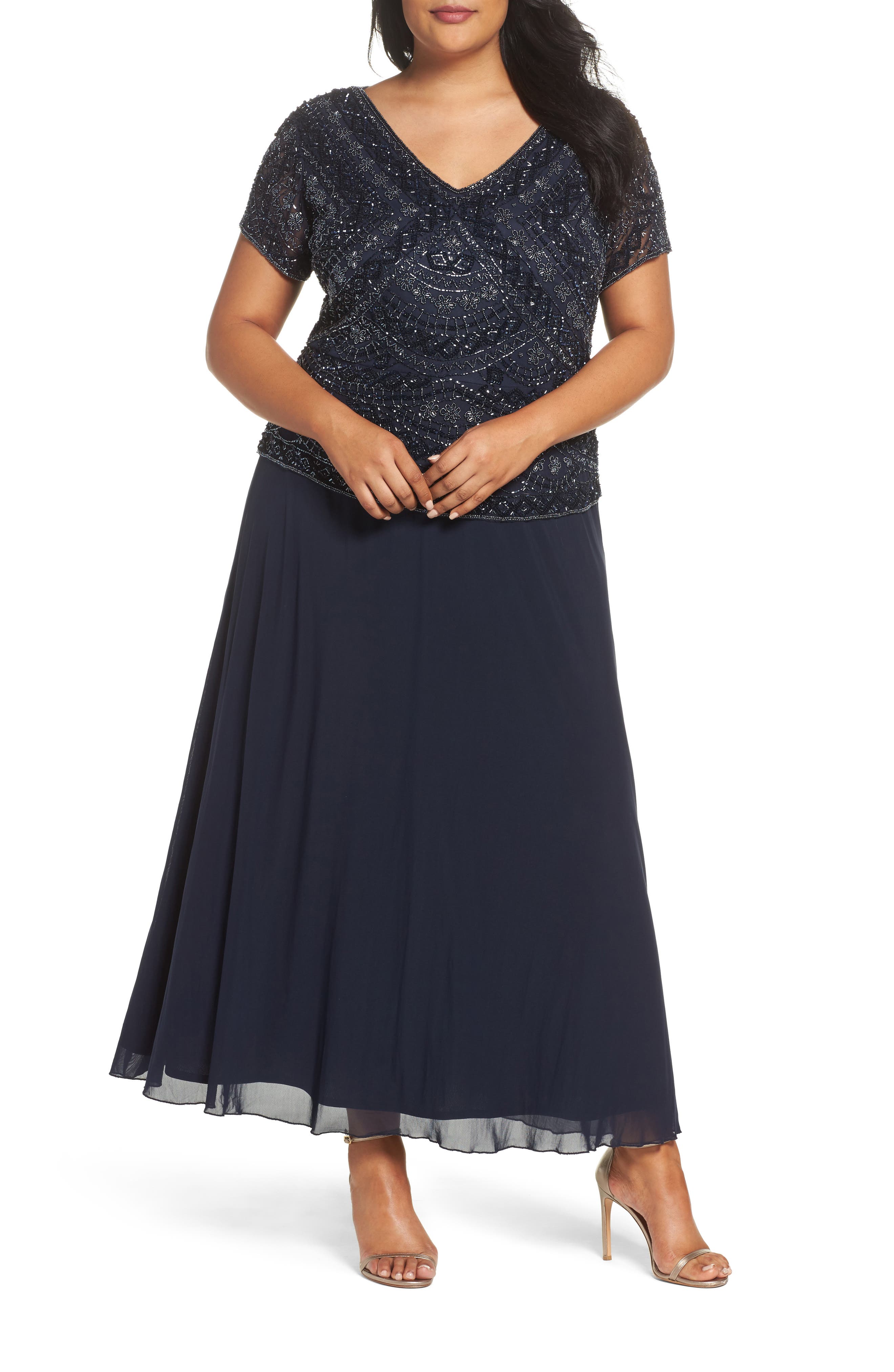 Plus Size Pisarro Nights Beaded Mock Two-Piece Gown, Blue