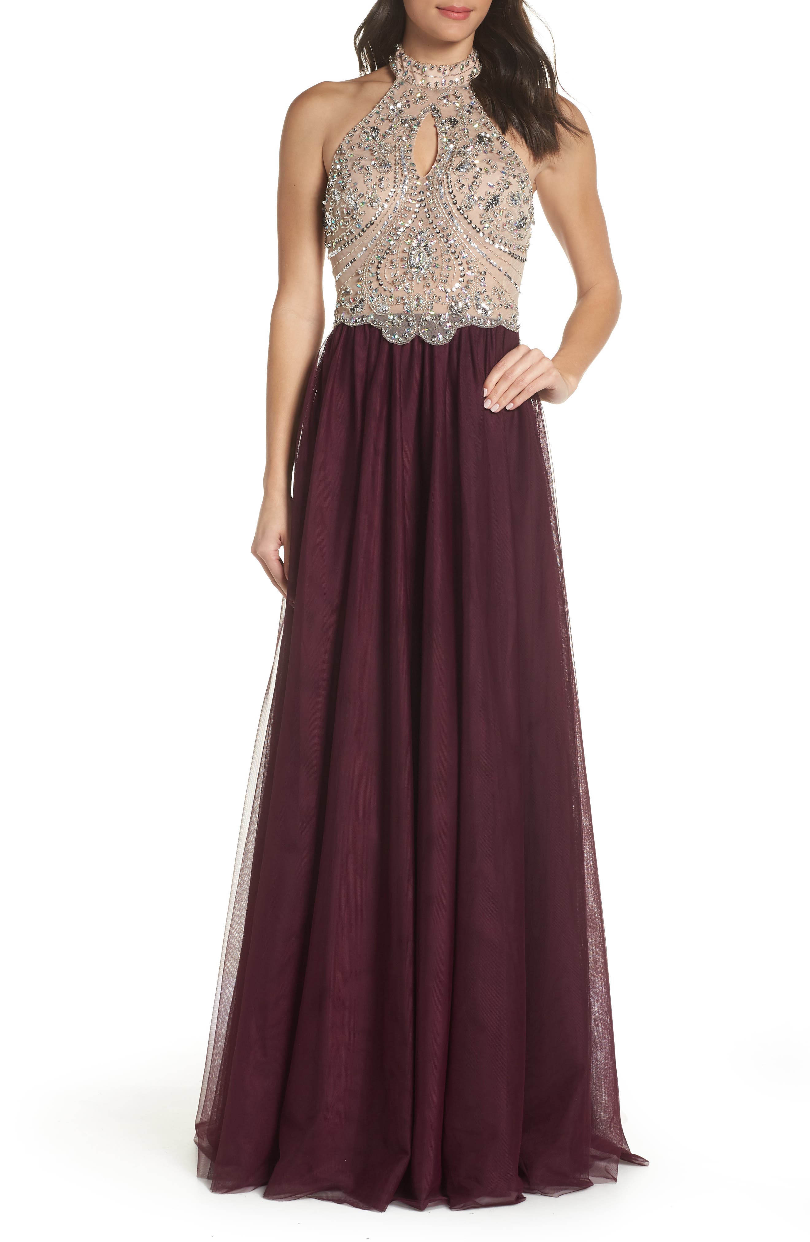 Blondie Nites Halter Neck Beaded Bodice Ballgown, Burgundy