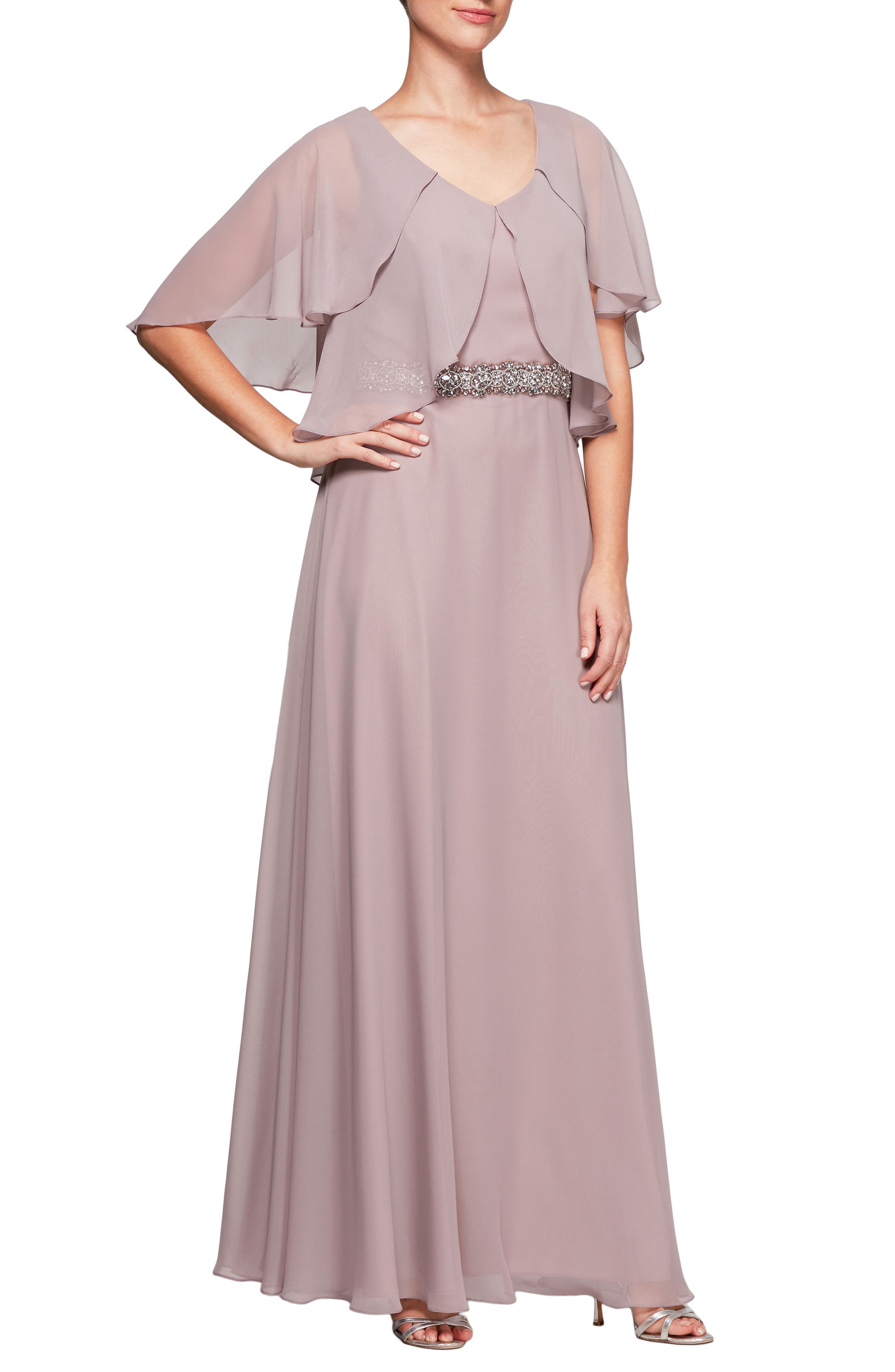 Alex Evenings Embellished Waist Flutter Sleeve Chiffon Gown, Pink