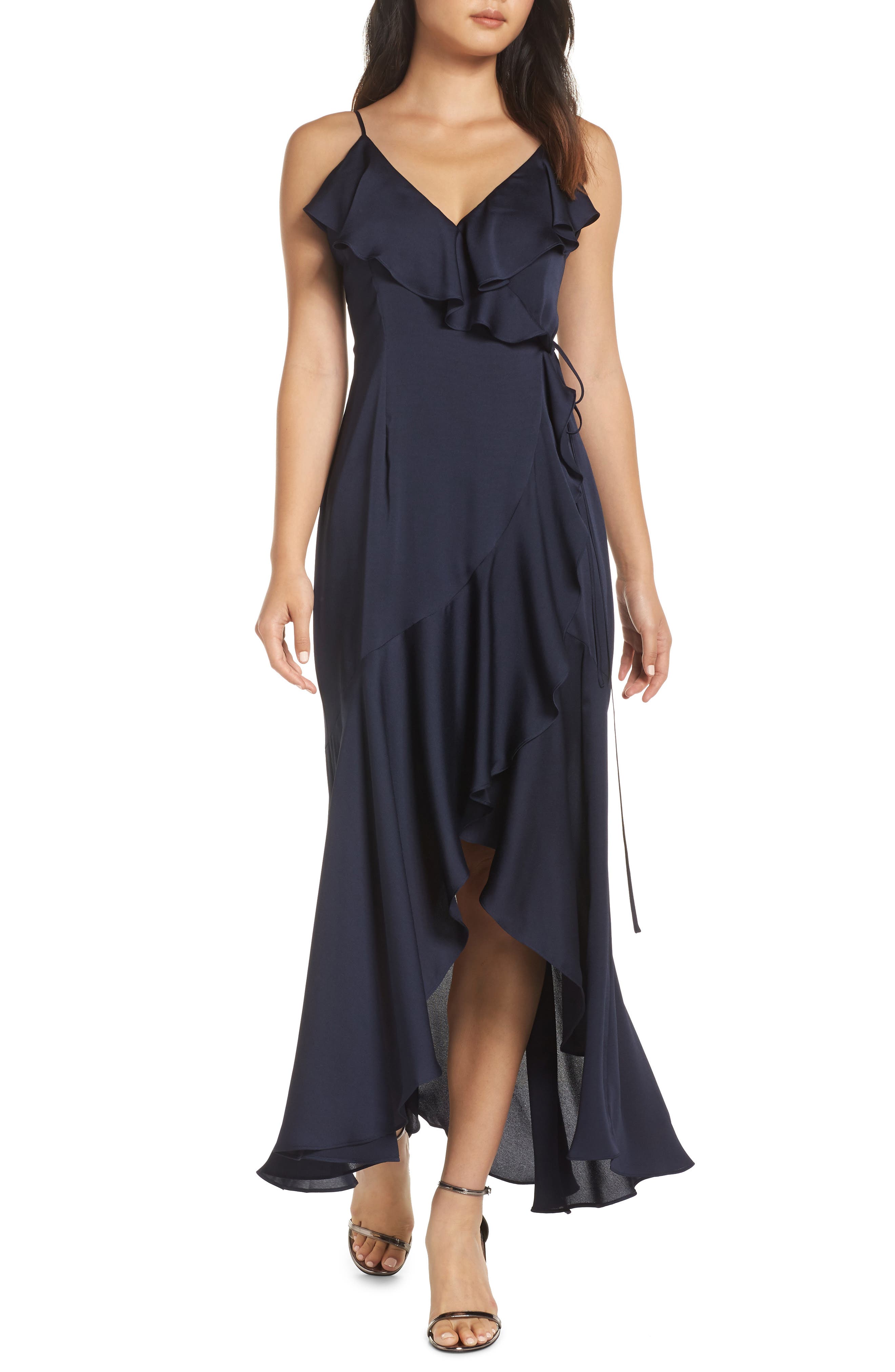 Shona Joy Luxe Ruffle Trim Wrap Gown, Blue