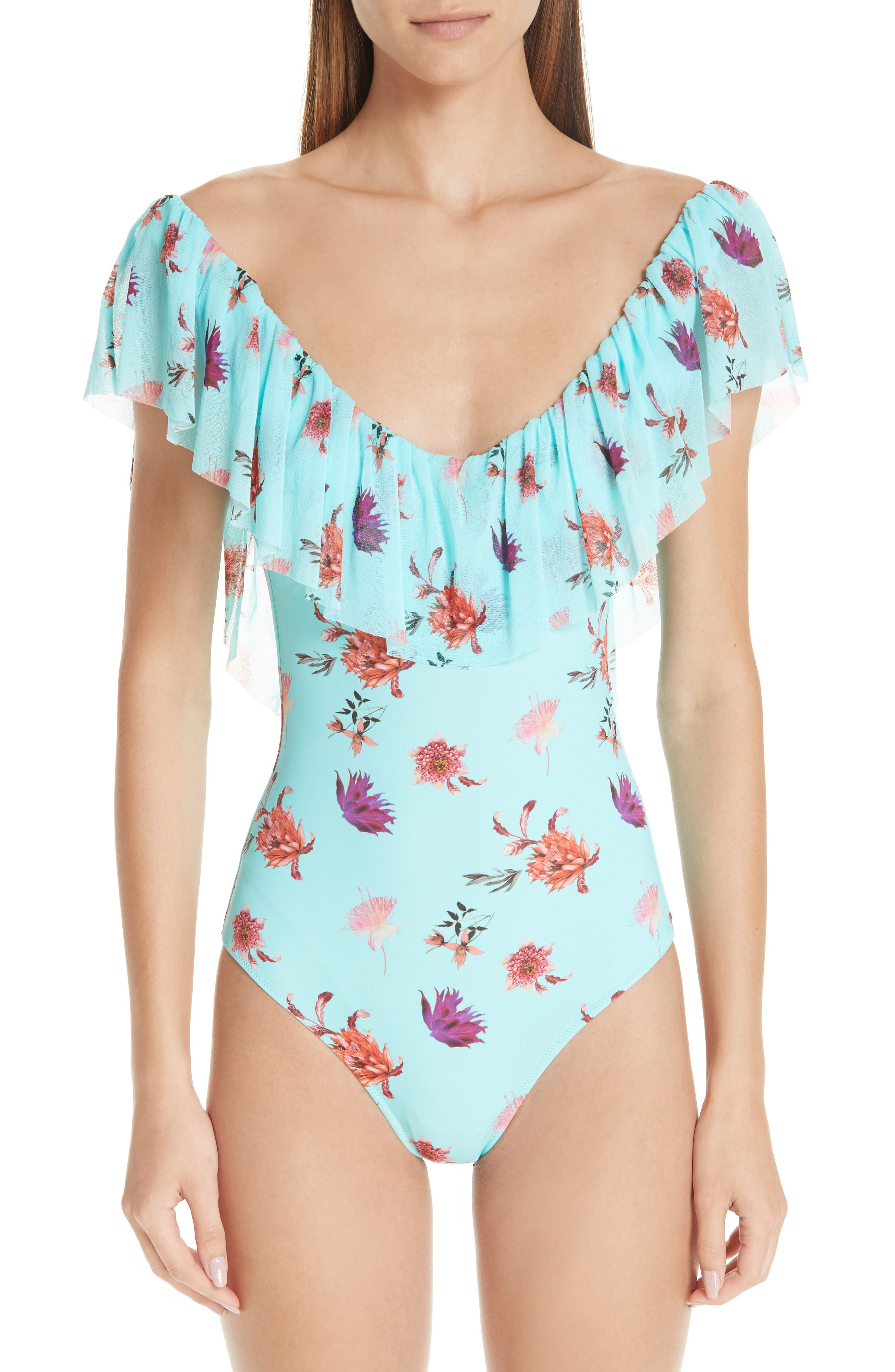 Fuzzi Ruffle Tulle One-Piece Swimsuit, US / 40 IT - Blue
