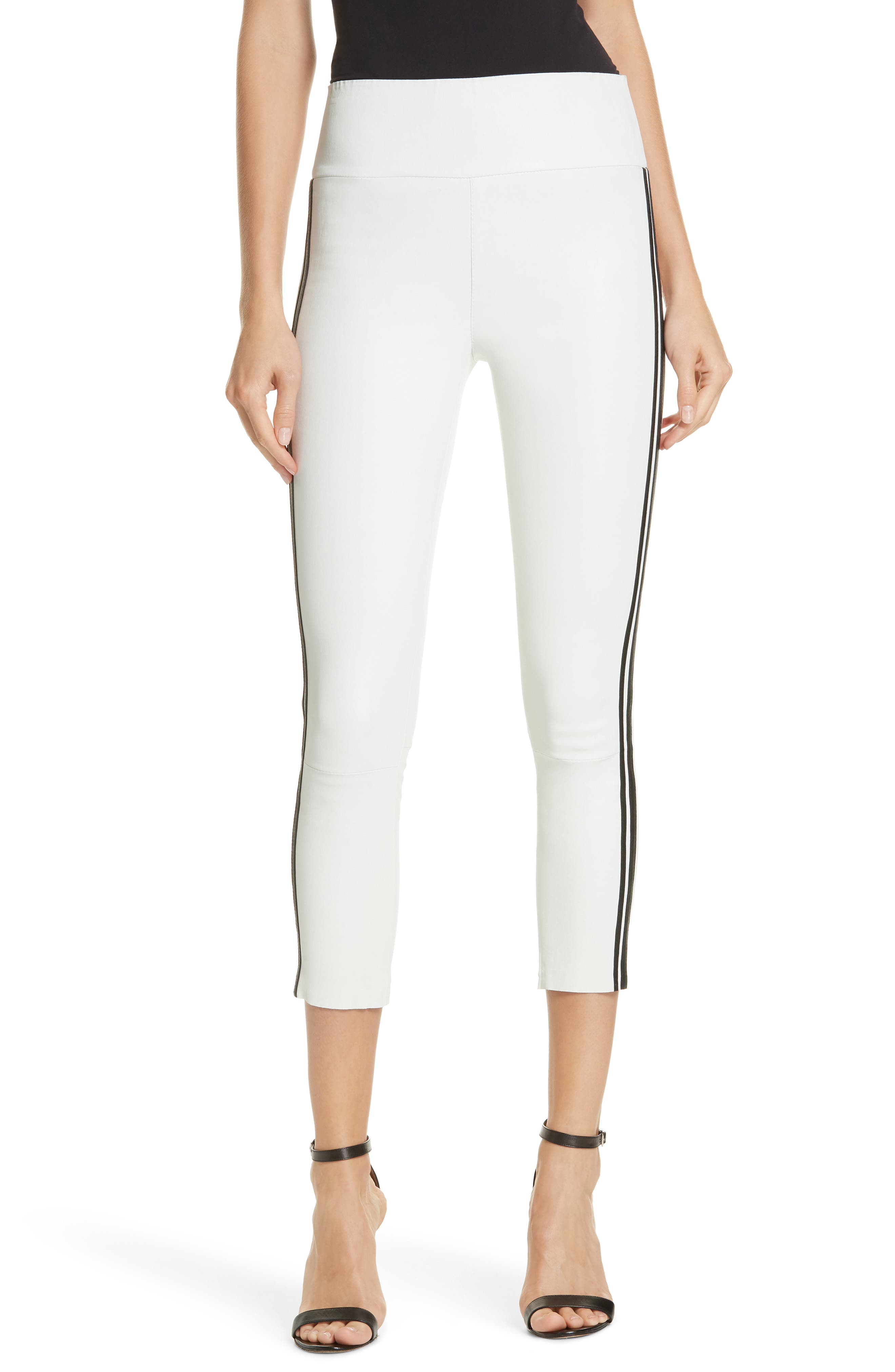 Sprwmn Two-Stripe Athletic Leather Capri Leggings, White