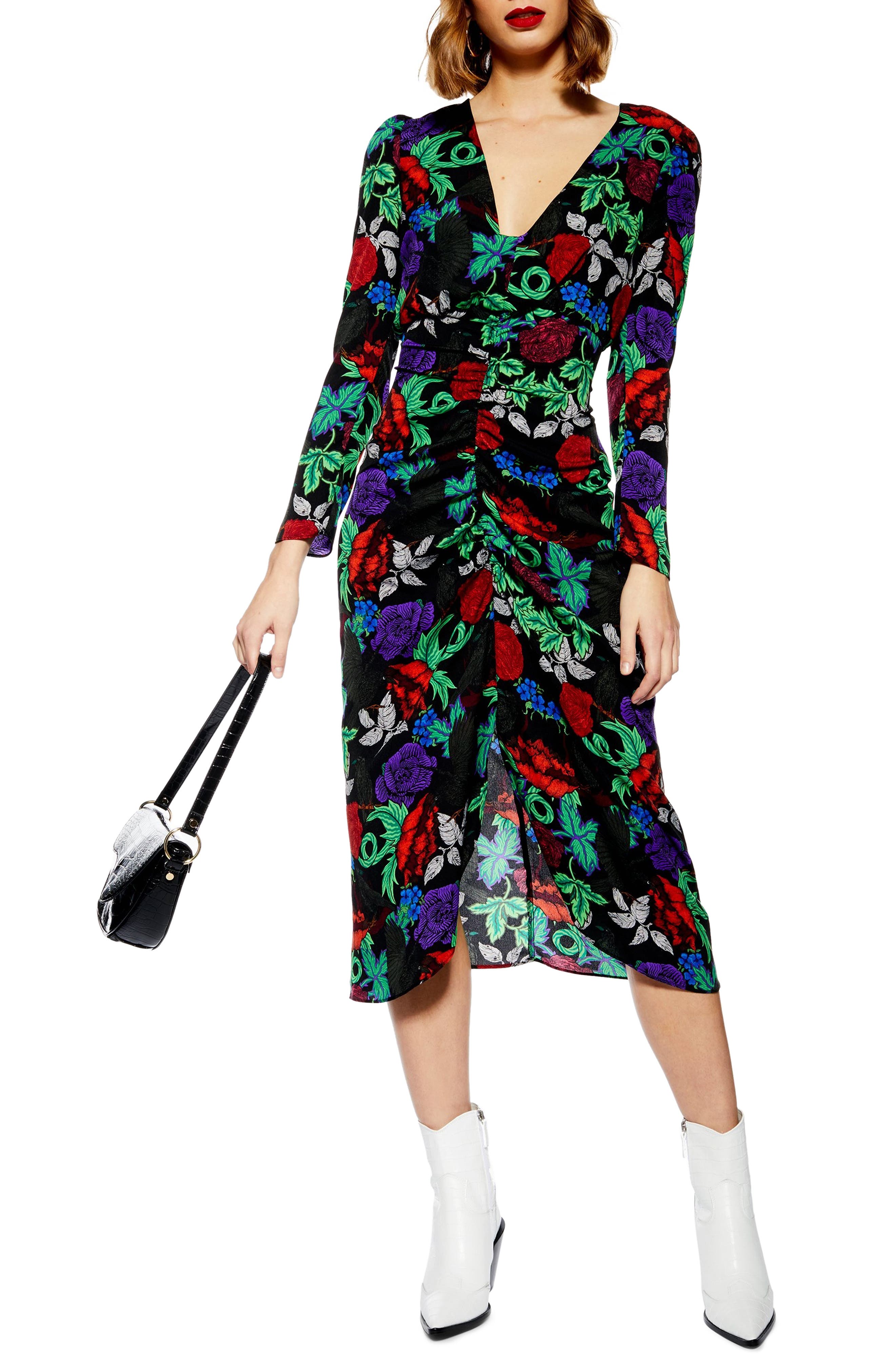 Topshop Raven Floral Midi Dress, US (fits like 6-8) - Black