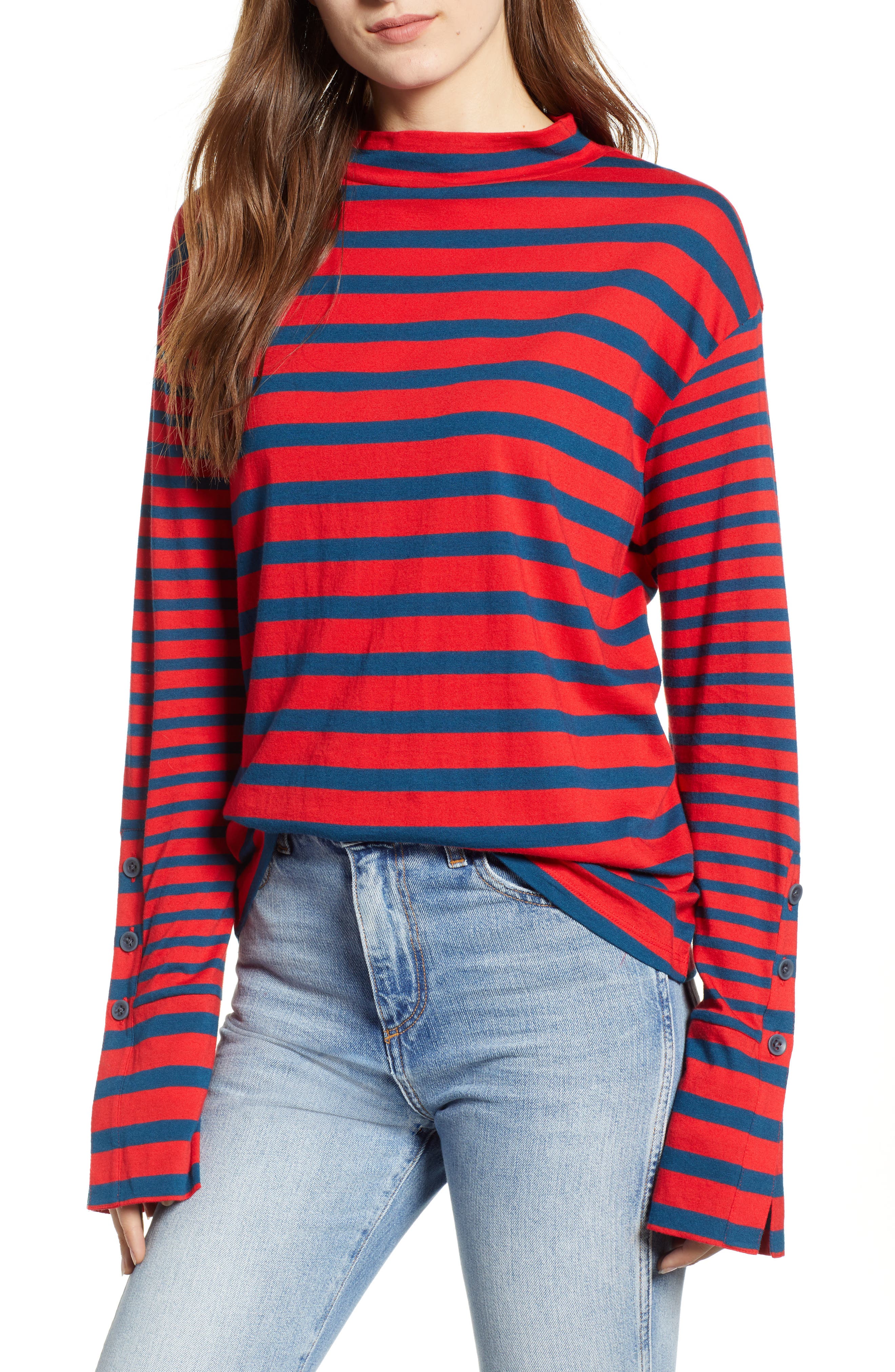Stripe Mock Neck Tee,                        Main,                        color, RED CHINOISE ELAINE STRIPE