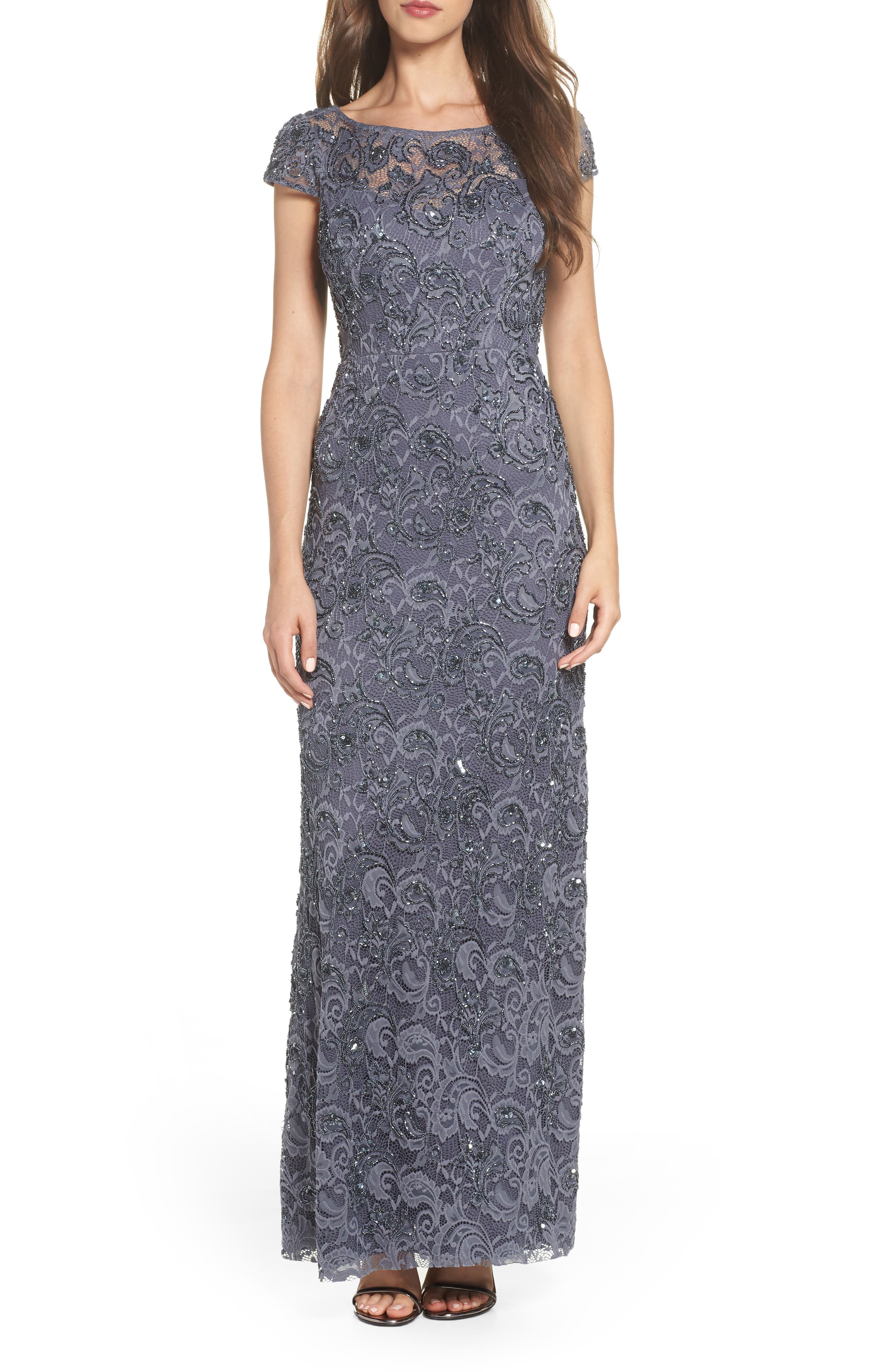Adrianna Papell Beaded Lace Gown, Grey