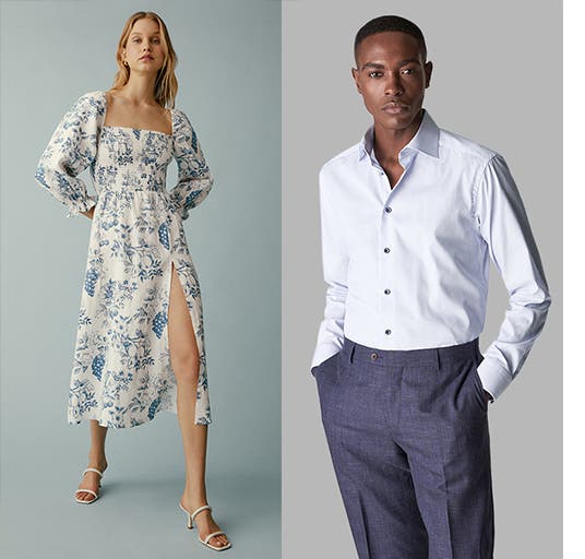 Woman wearing a floral dress. Man wearing a dress shirt and slacks.