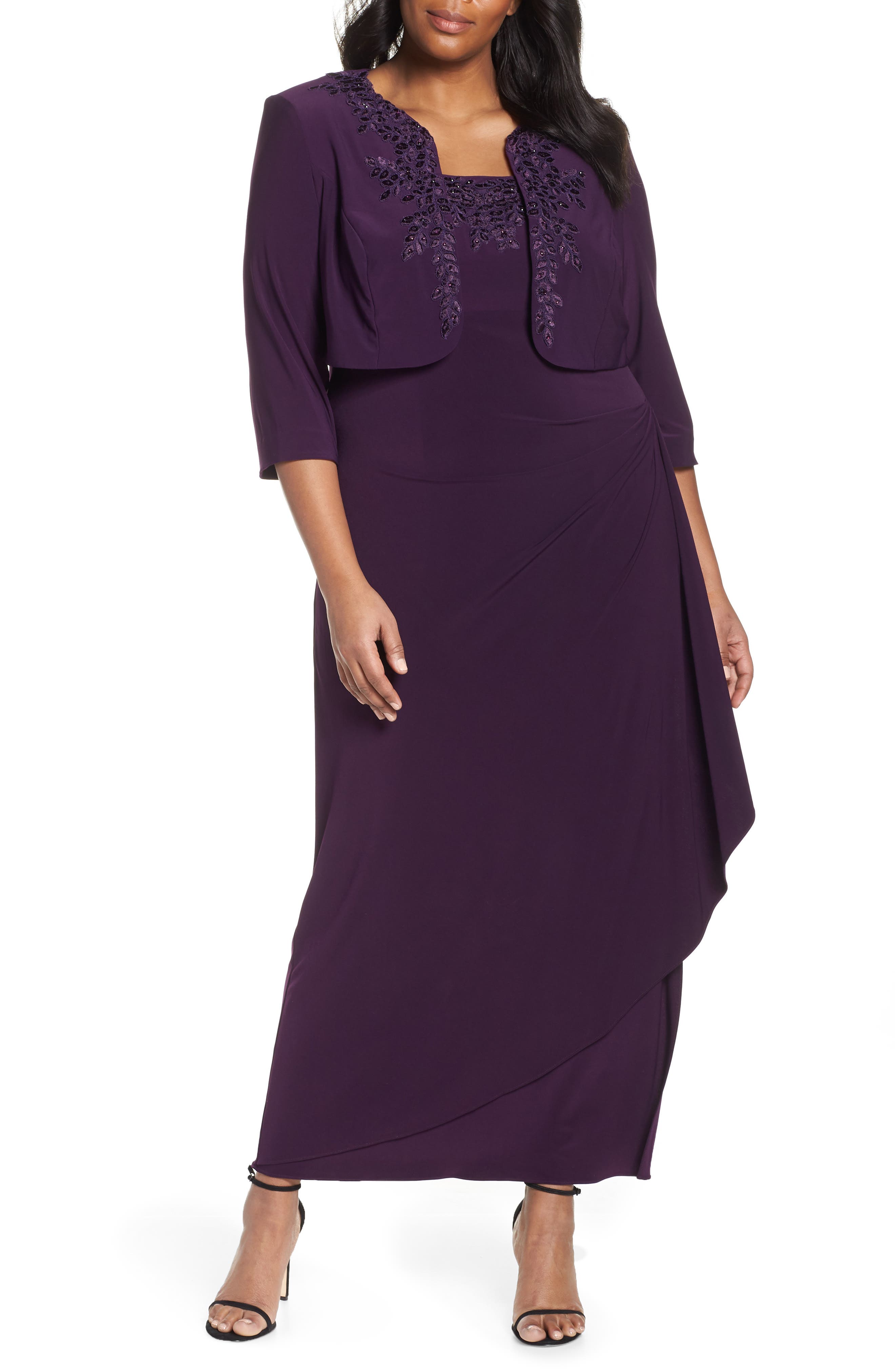 Plus Size Alex Evenings Side Ruched Evening Dress With Bolero, Purple