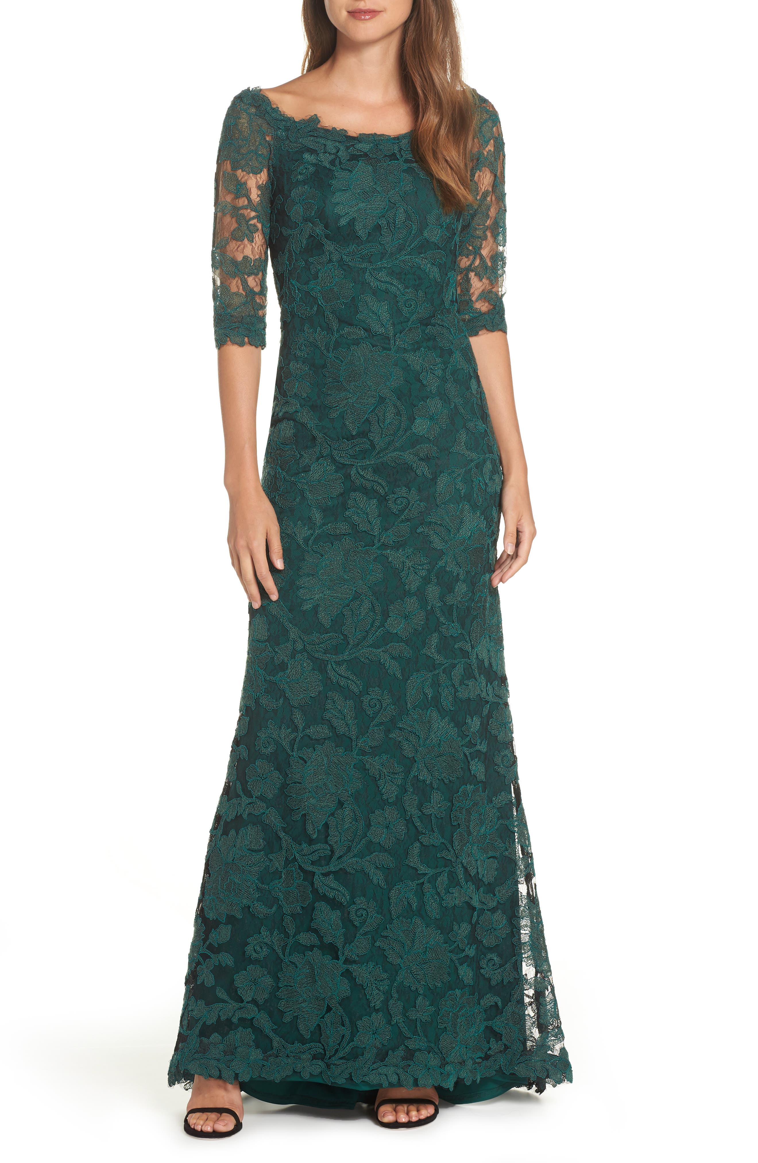 Tadashi Shoji Embroidered Boat Neck Mermaid Gown, Blue/green