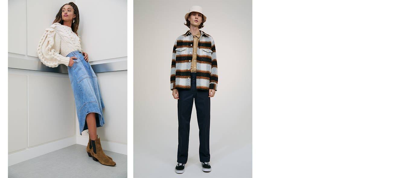 Woman and man wearing creative work clothing, shoes and accessories.