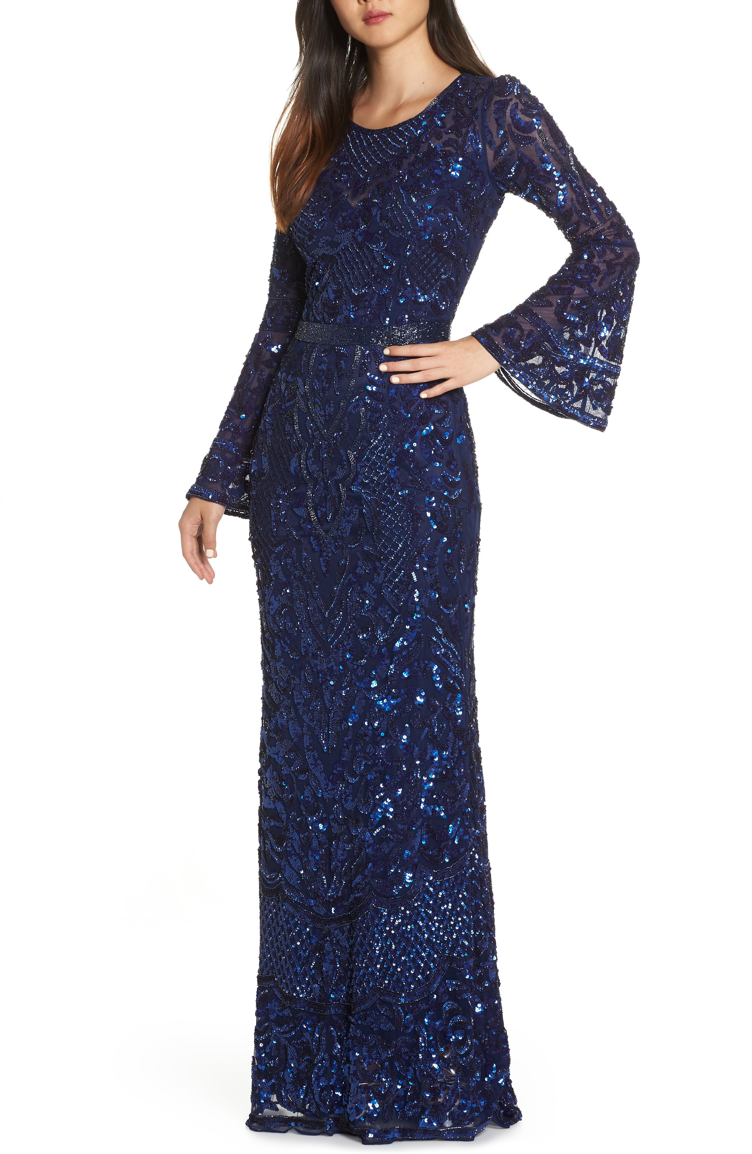 MAC Duggal Sequin Bell Sleeve Gown, Blue