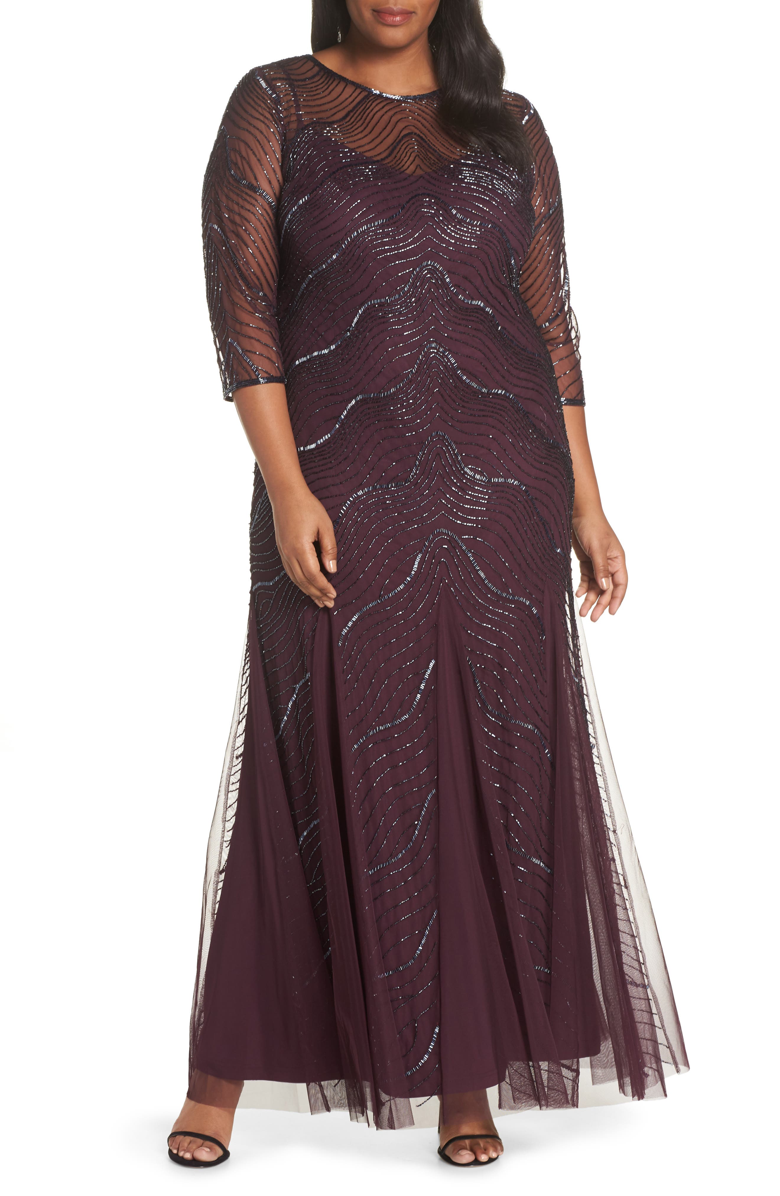 Plus Size Adrianna Papell Deco Beaded Godet Gown, Purple