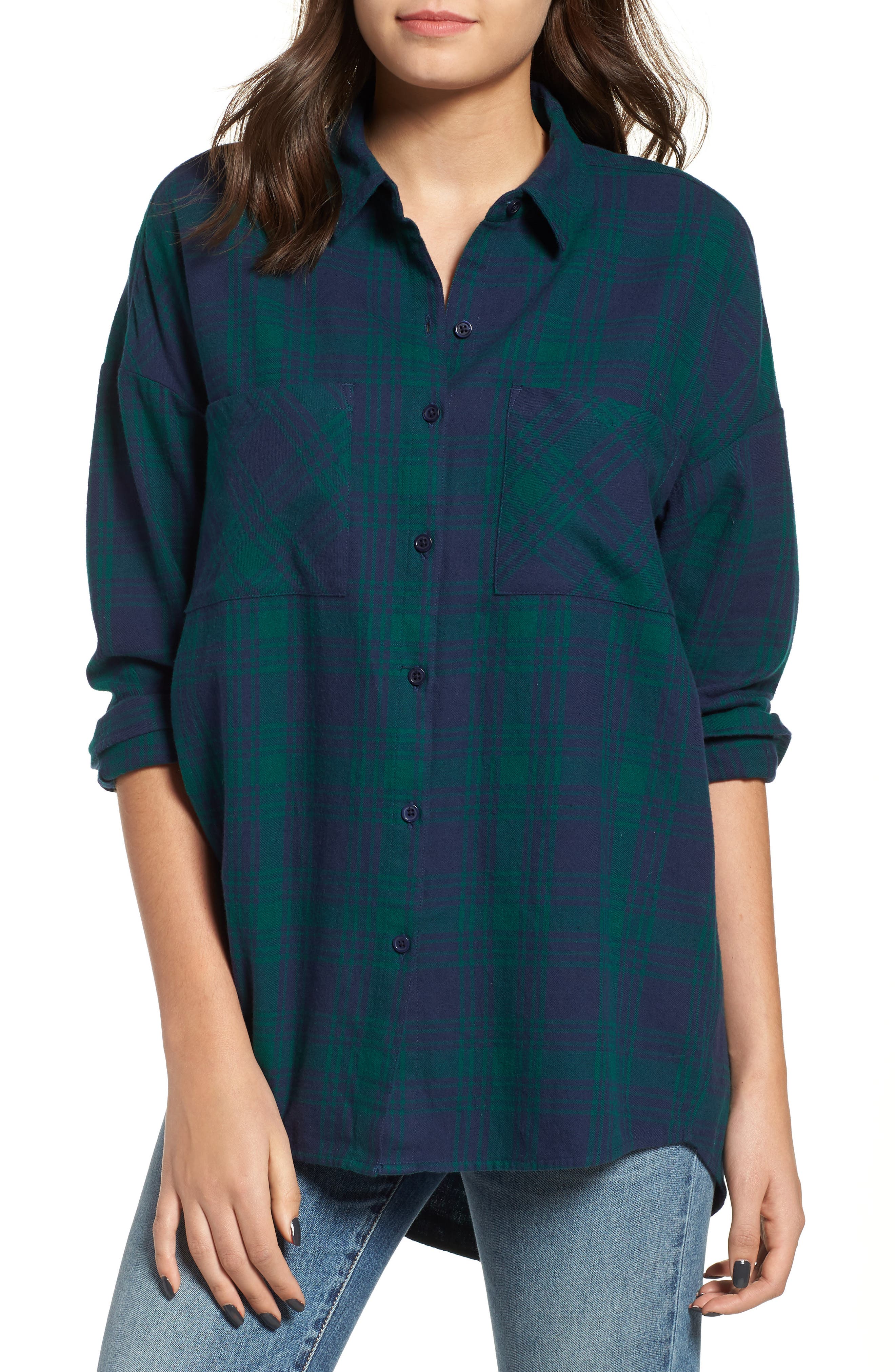 Bp. Plaid Flannel Cocoon Shirt, Blue