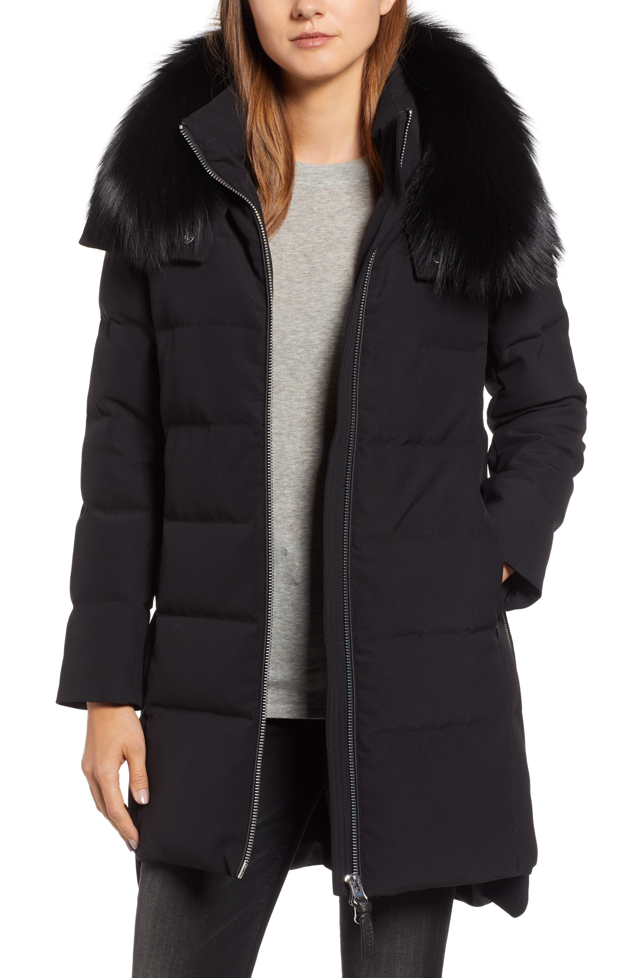 Derek Lam 10 Crosby Allover Stretch Down Coat With Genuine Fox Fur Trim