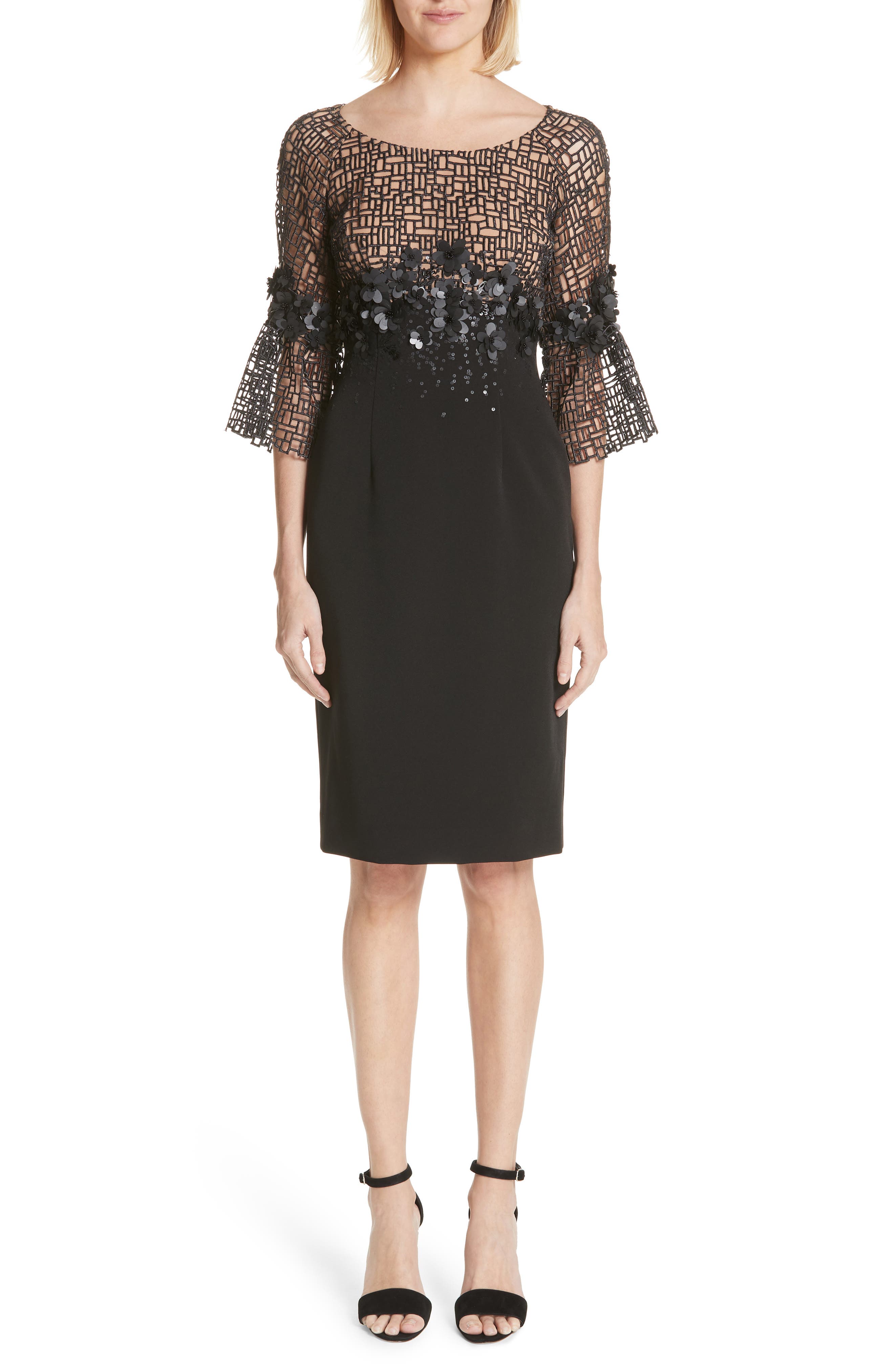 Carmen Marc Valvo Couture Geometric Lace Cocktail Dress, Black