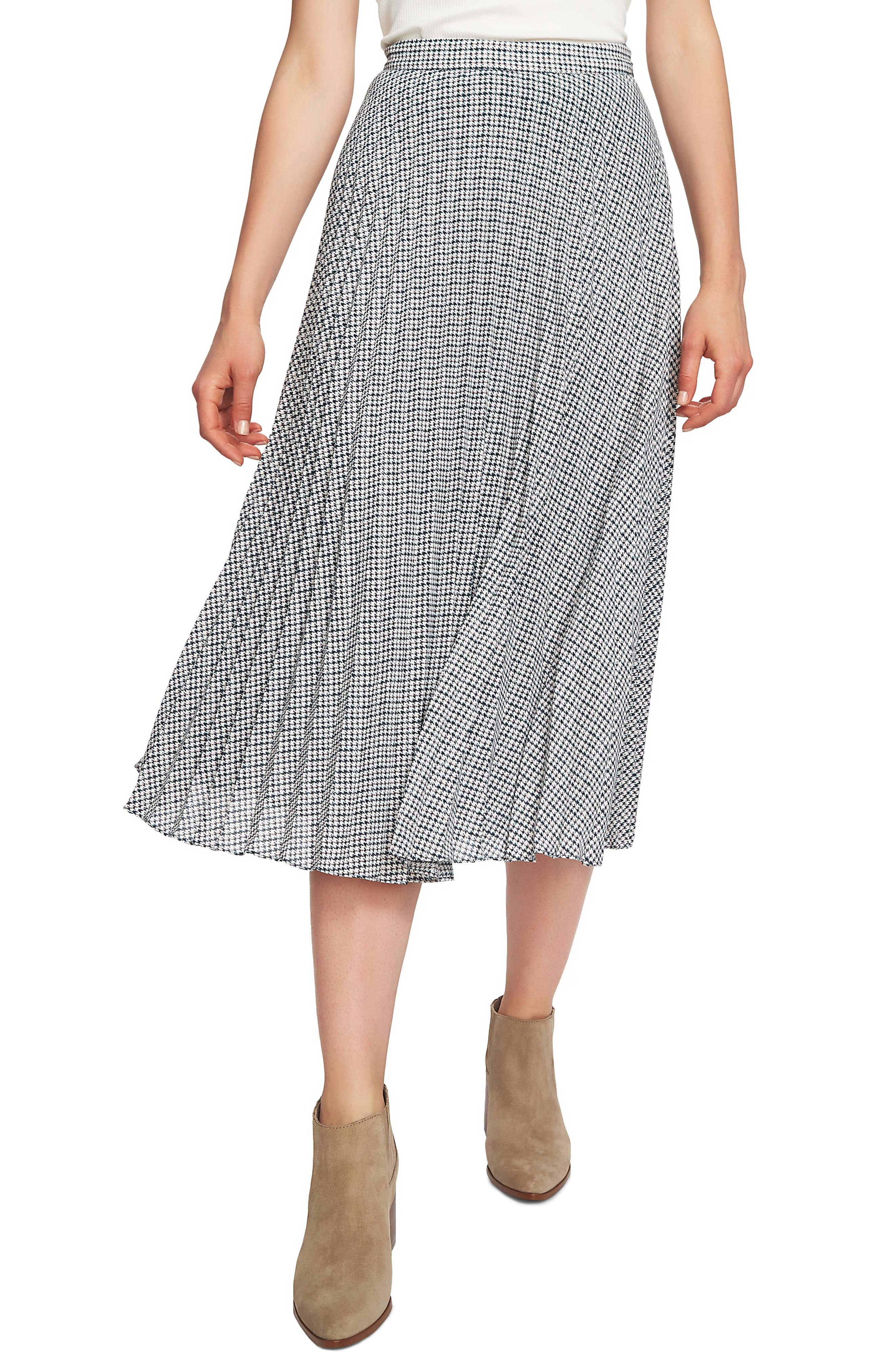 1.state Fine Puppytooth Pleated Midi Skirt