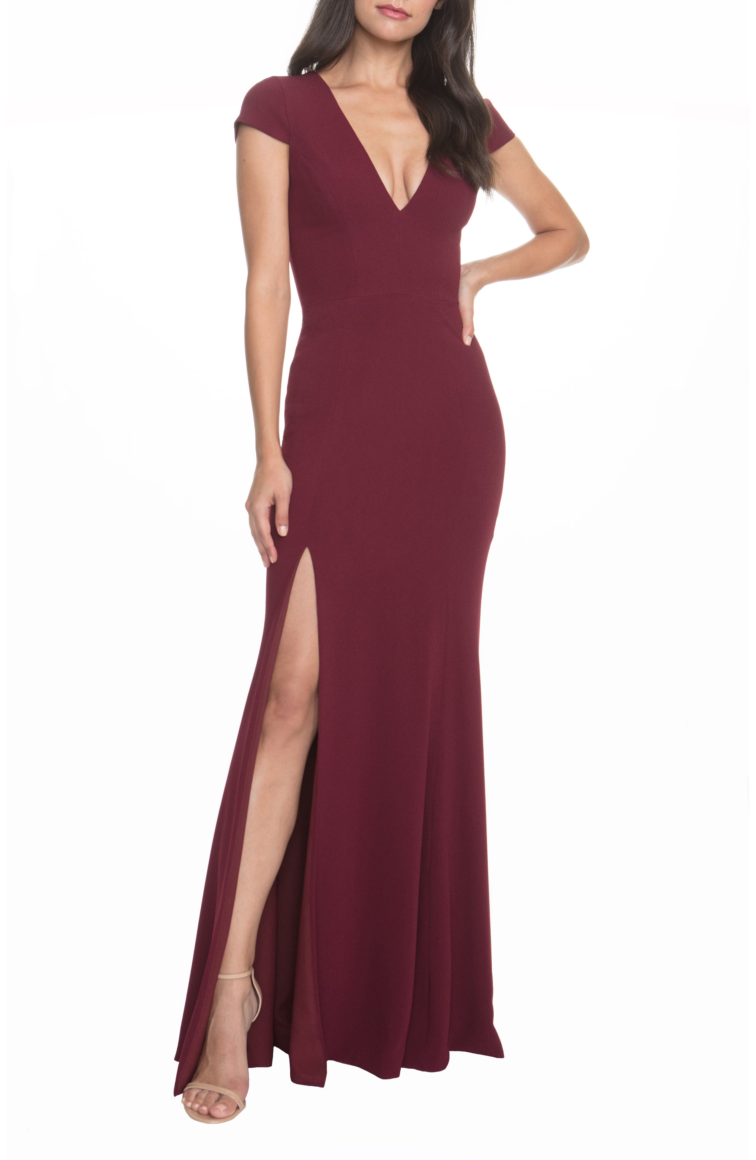 Dress The Population Karla V-Neck Trumpet Gown, Burgundy