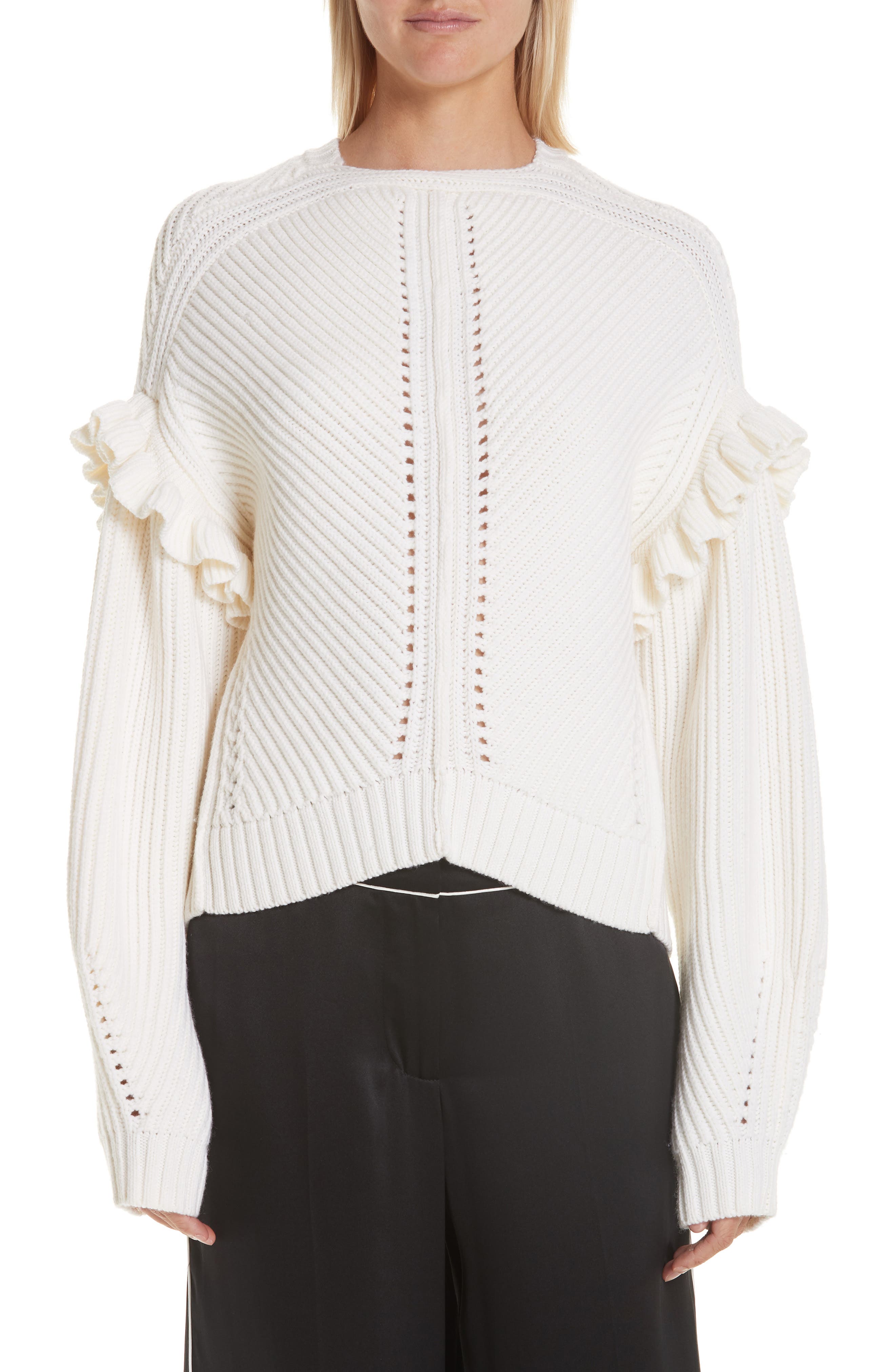 Grey Jason Wu Ruffle Trim Merino Wool Sweater, White