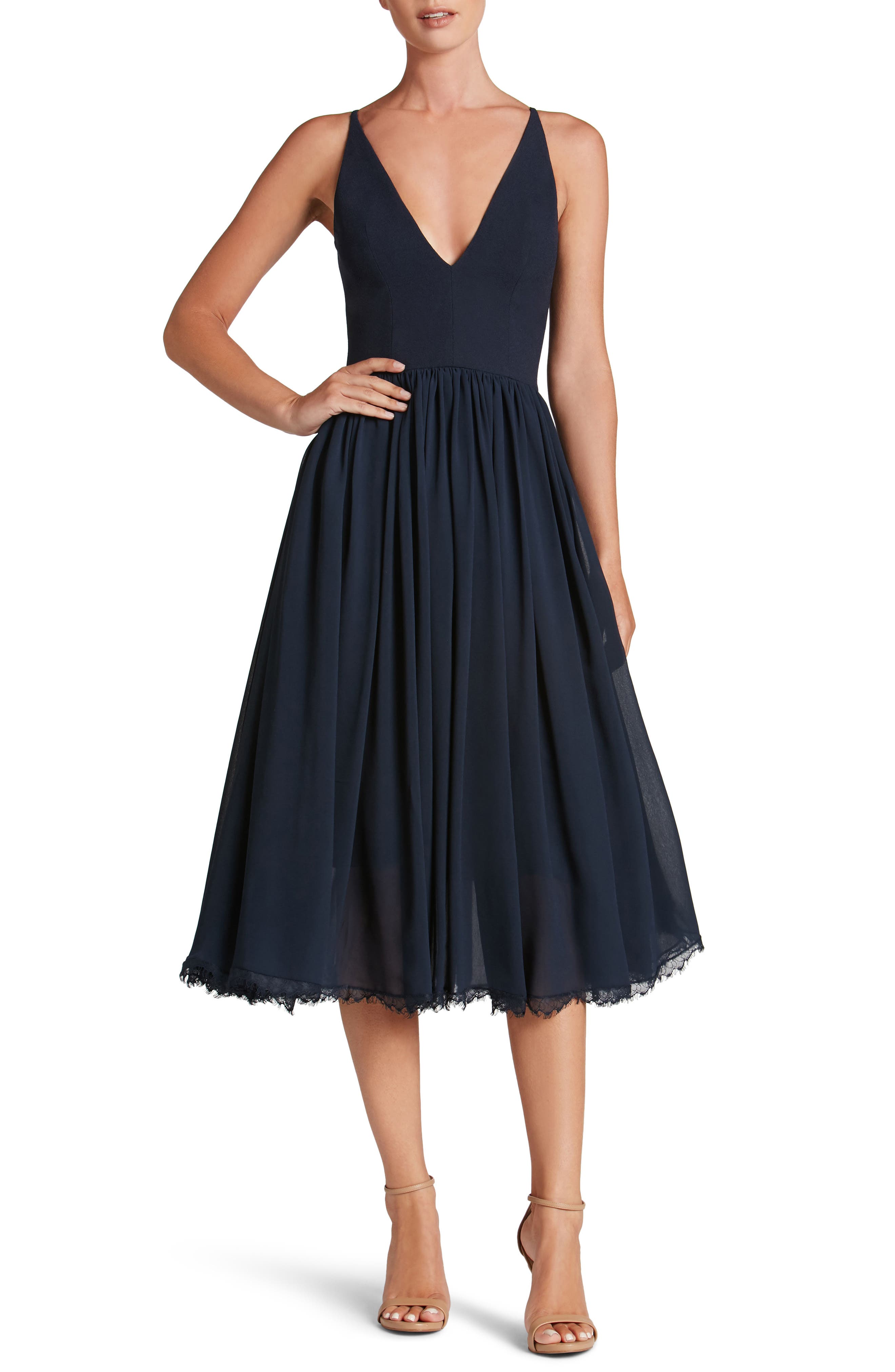 Dress The Population Alicia Mixed Media Midi Dress, Blue