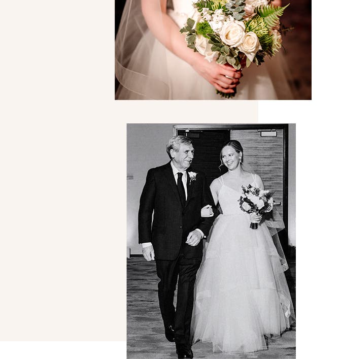 Real Weddings: bride Katie Devlaminck holding her wedding bouquet. / Real Weddings: bride Katie Devlaminck with her father.