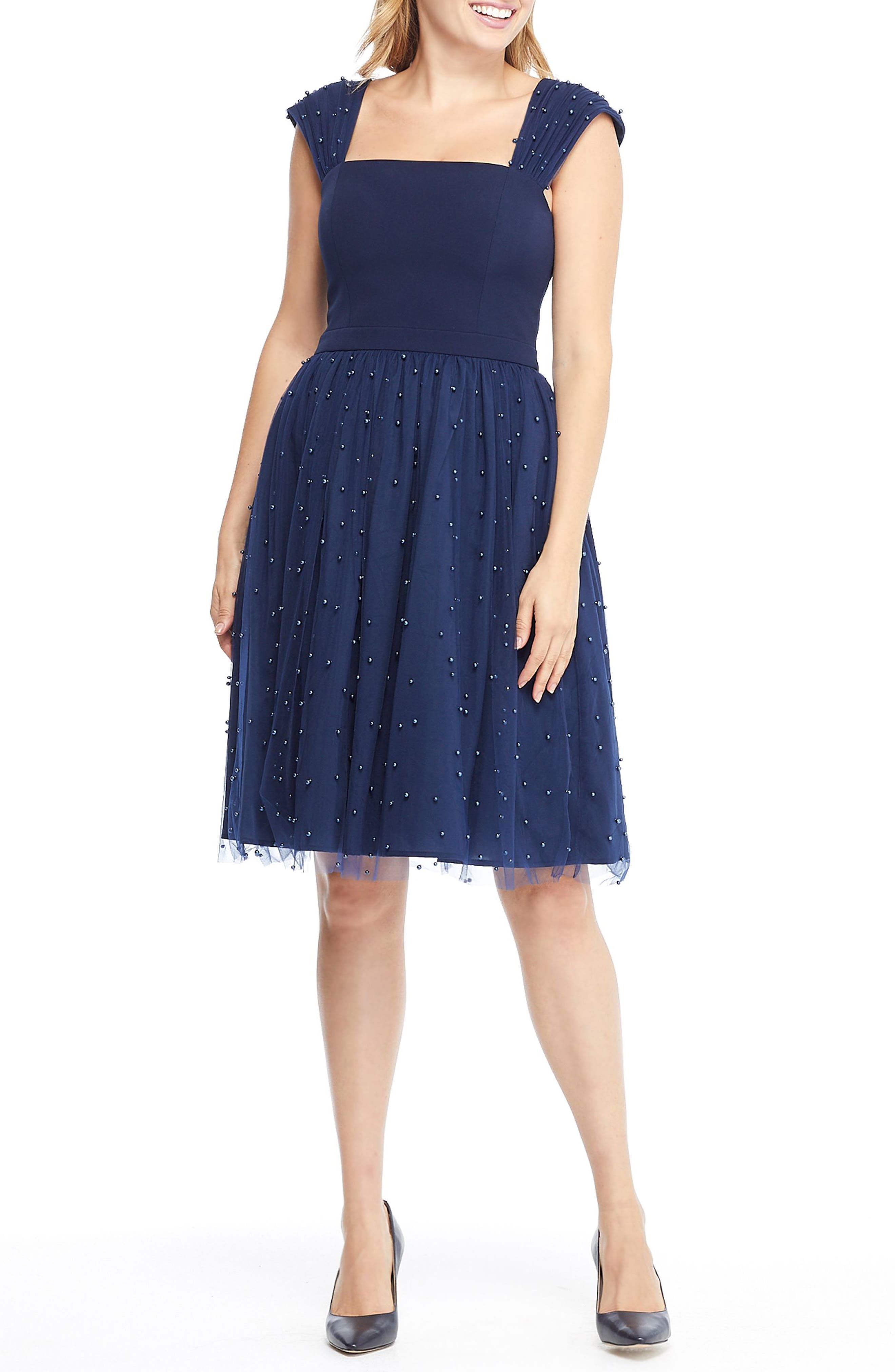 Gal Meets Glam Collection Delores Vintage Pearl Mesh & Crepe Dress, Blue