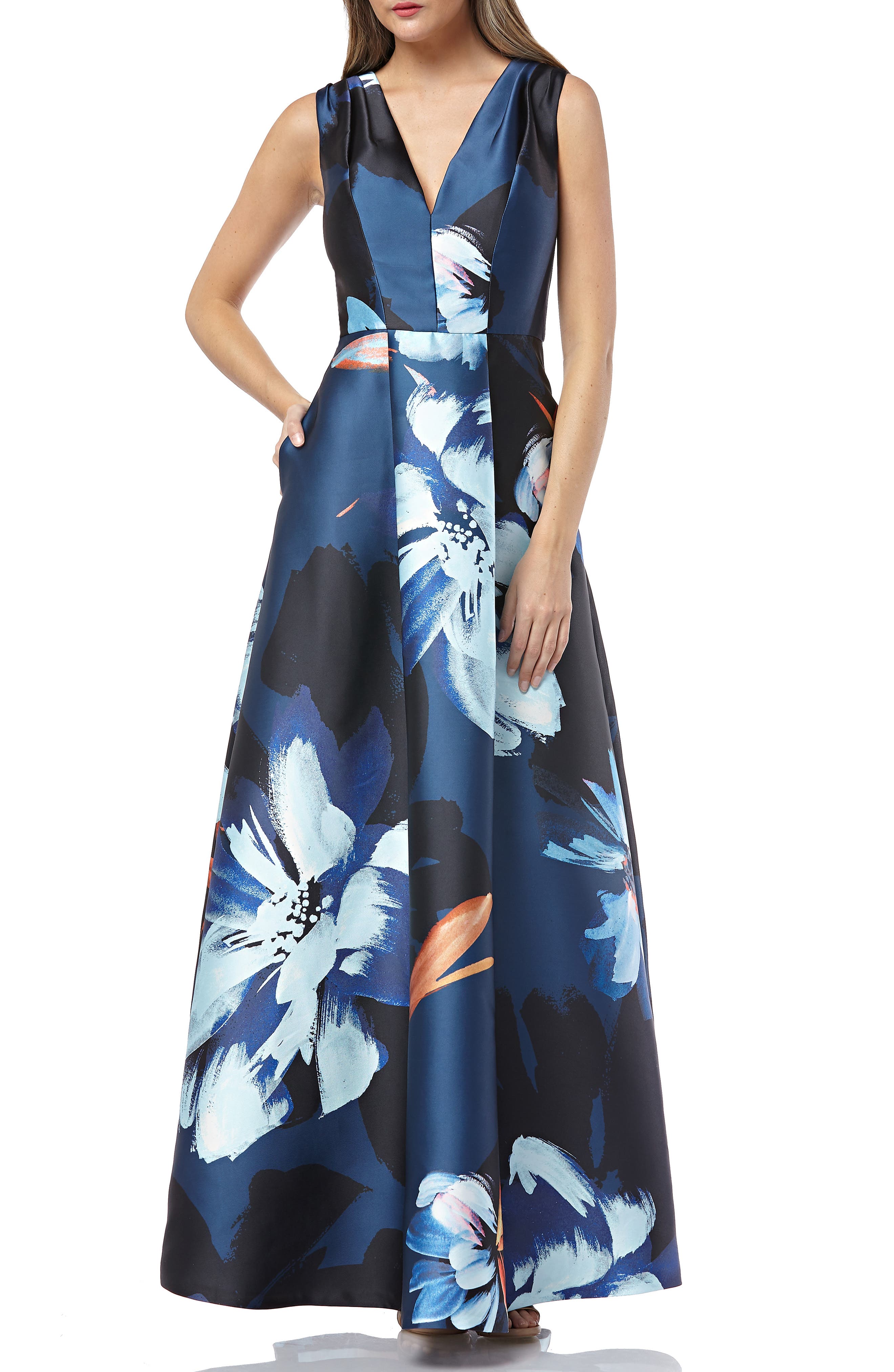 Kay Unger Sleeveless Print Mikado Dress, Blue