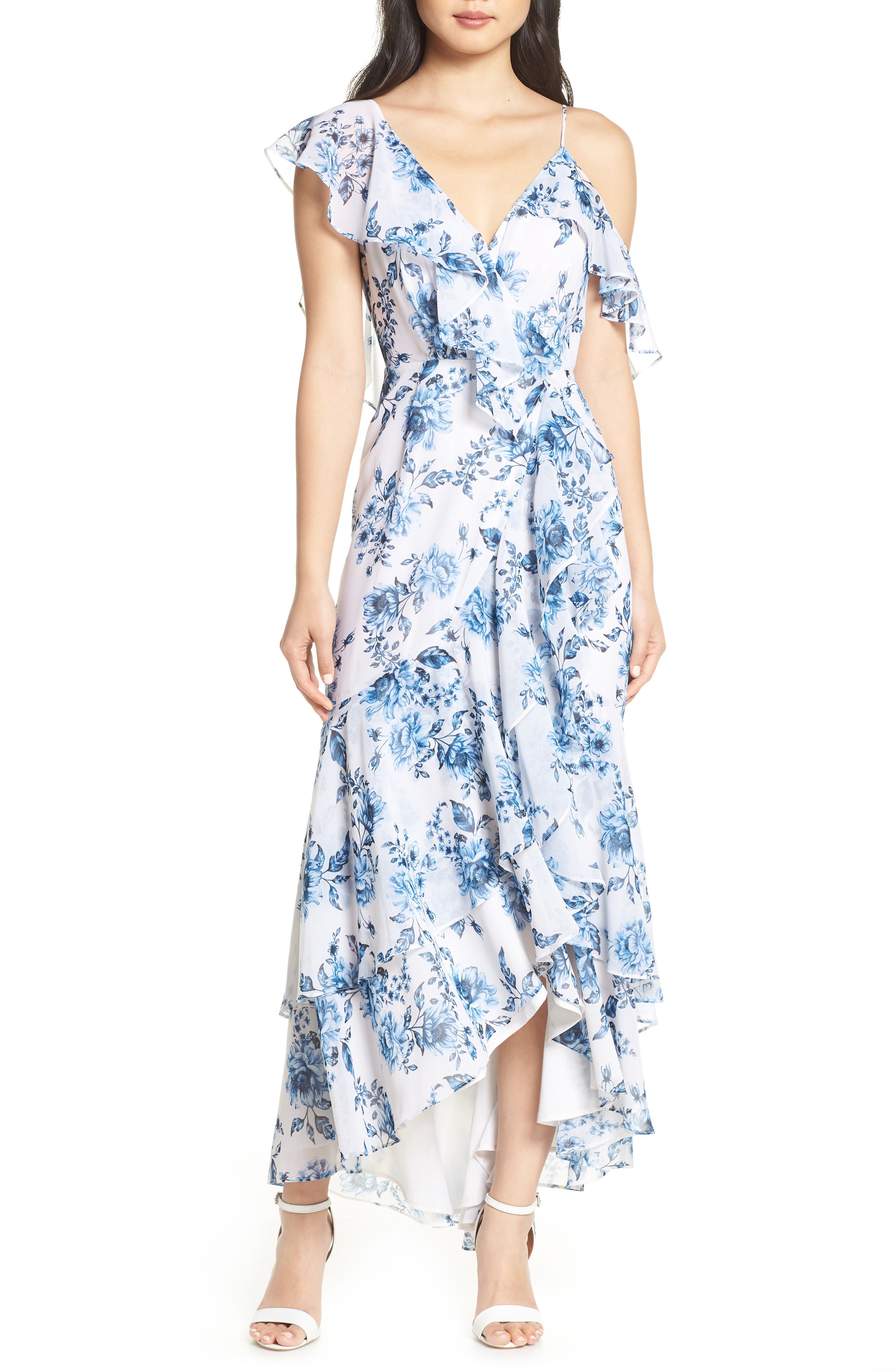 Wayf Elanor Ruffle Faux Wrap Maxi Dress, Blue