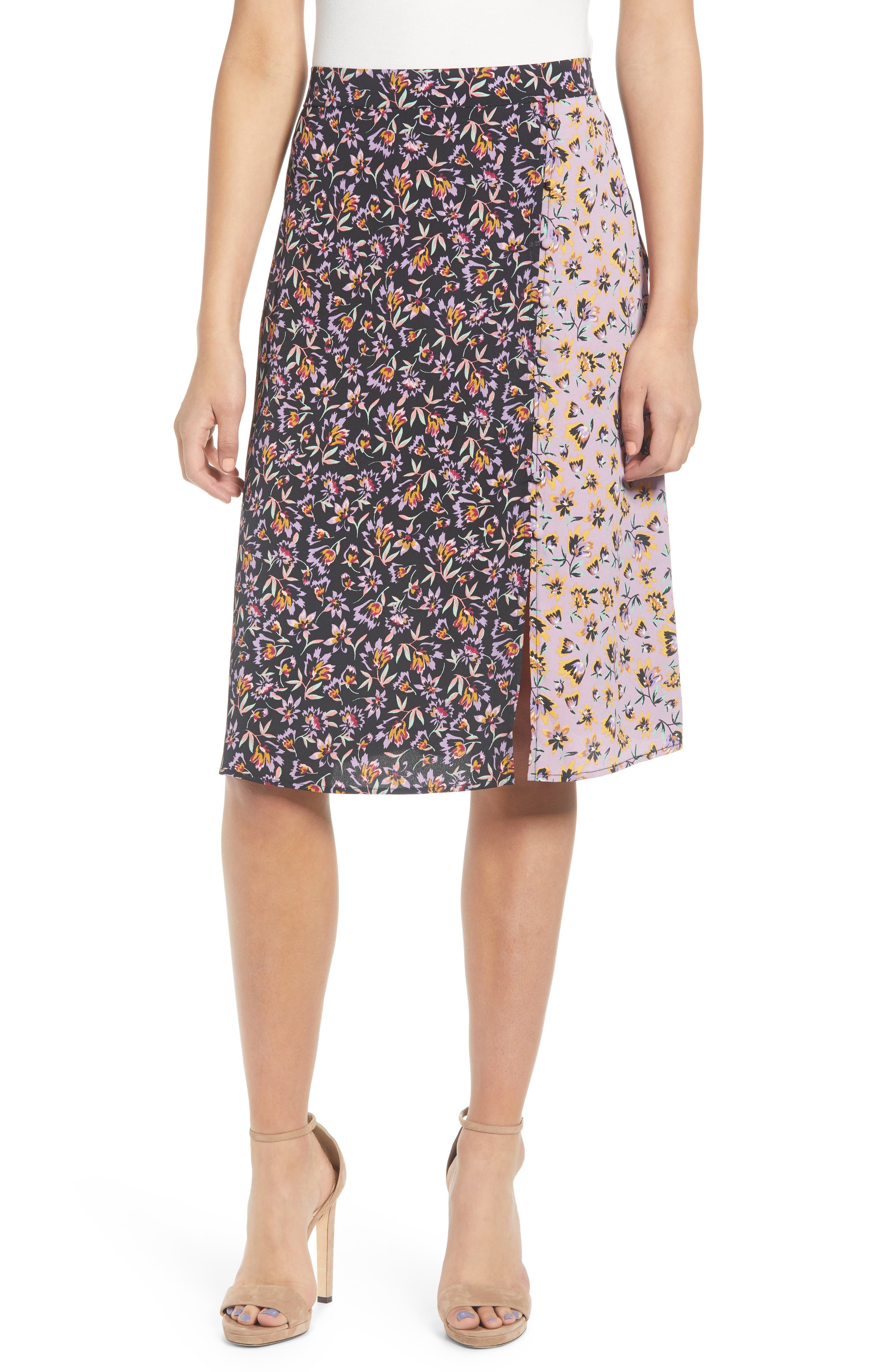 Band Of Gypsies New Orleans Mixed Floral Print Skirt, Black