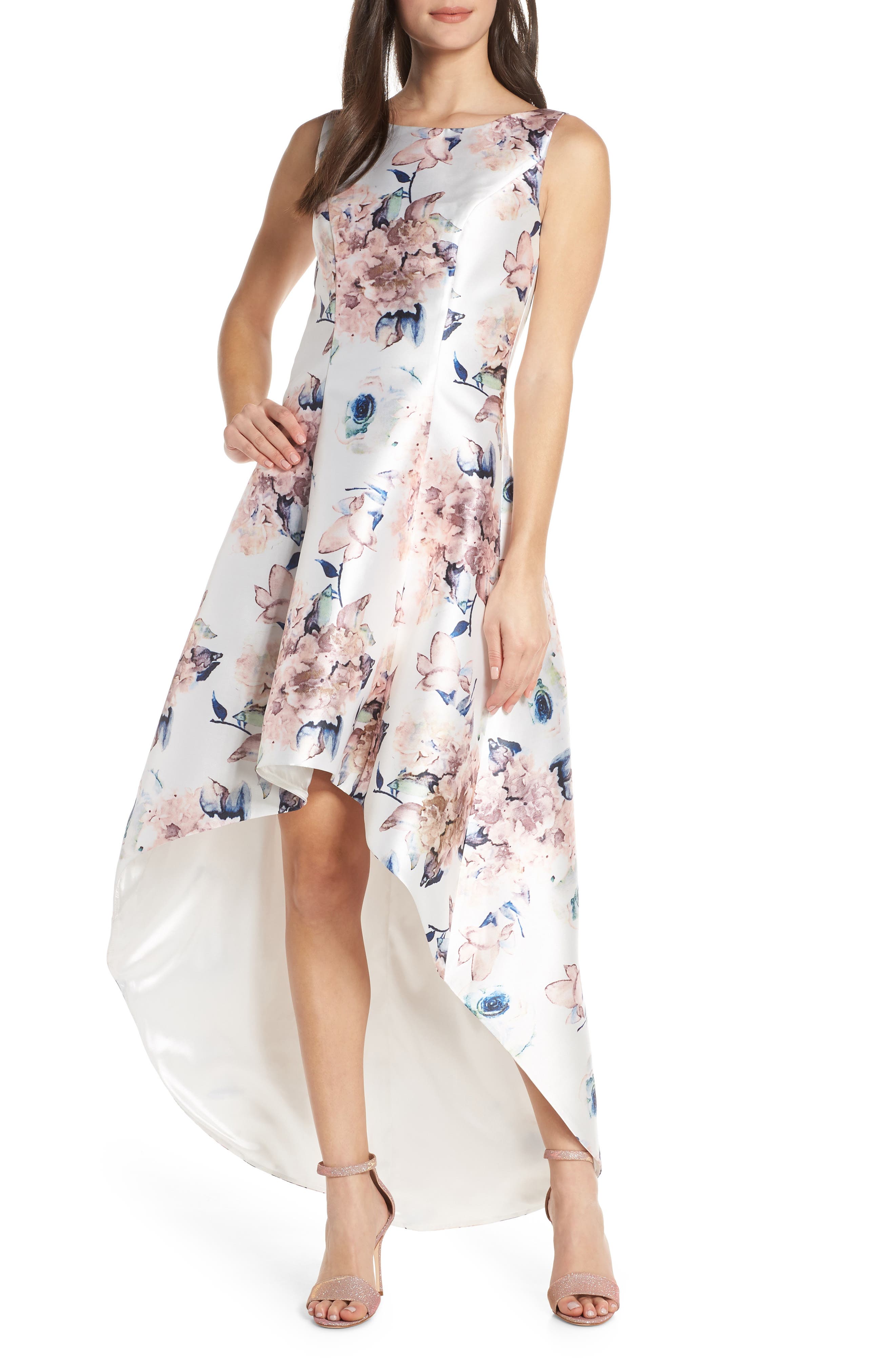 Chi Chi London Winter Floral High/low Satin Cocktail Dress, Blue