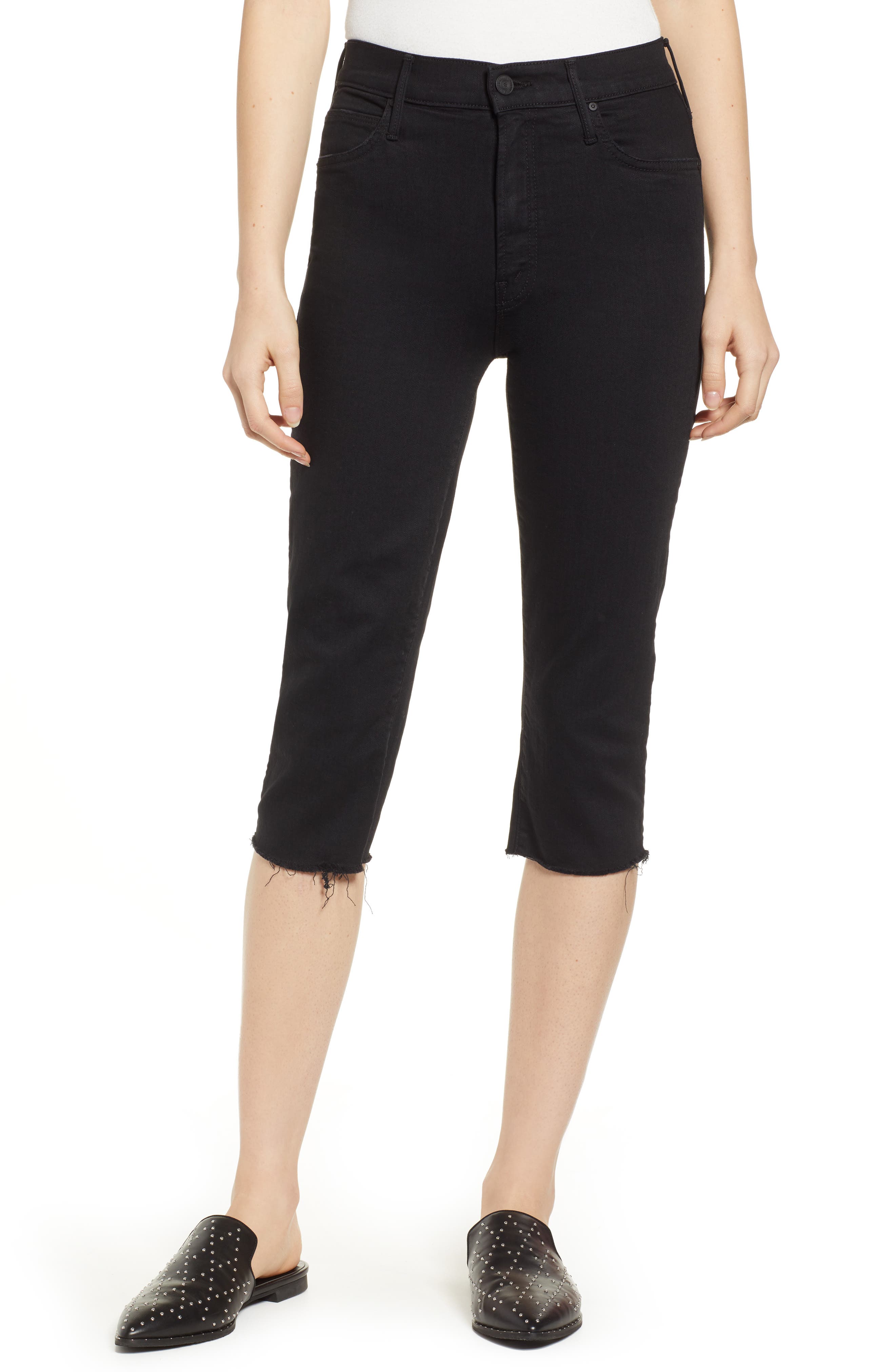 Mother Rascal Knicker High Waist Fray Hem Capri Skinny Jeans, 3 - Black