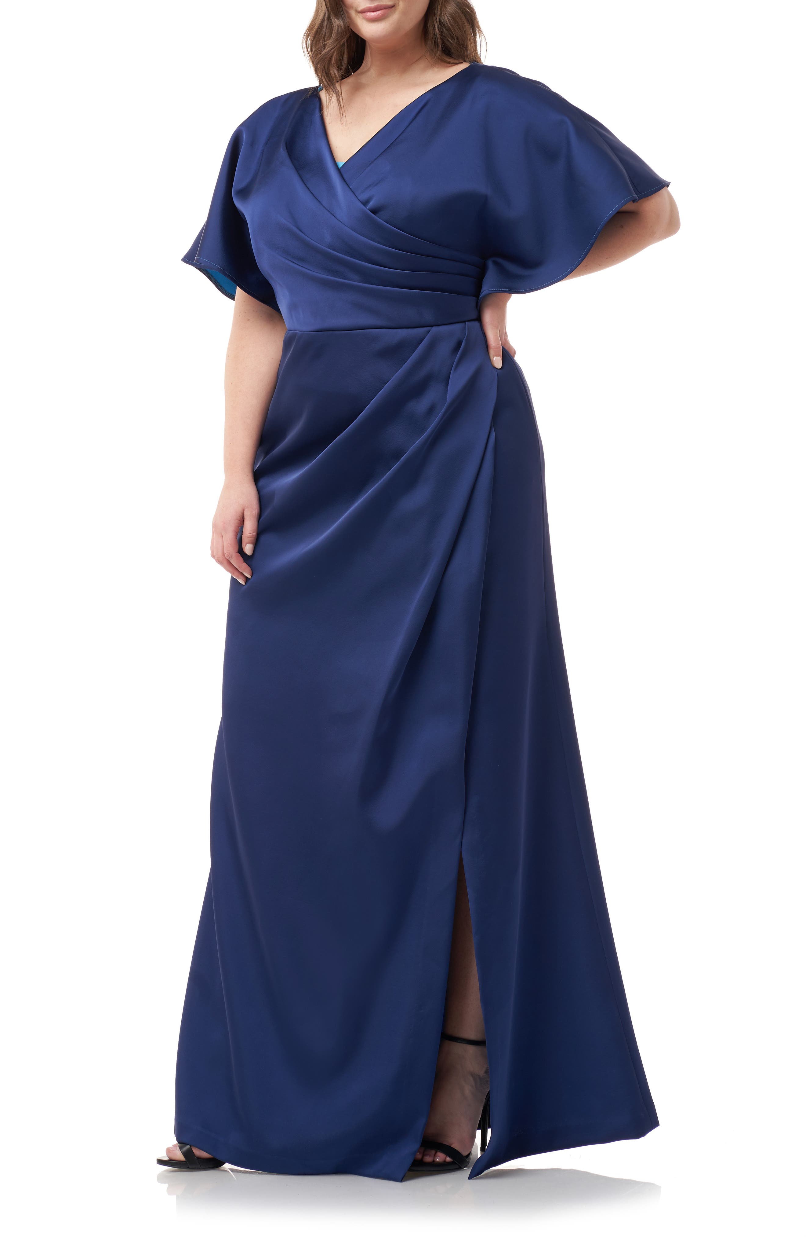 Plus Size Js Collections Faux Wrap Bonded Satin Gown, Blue