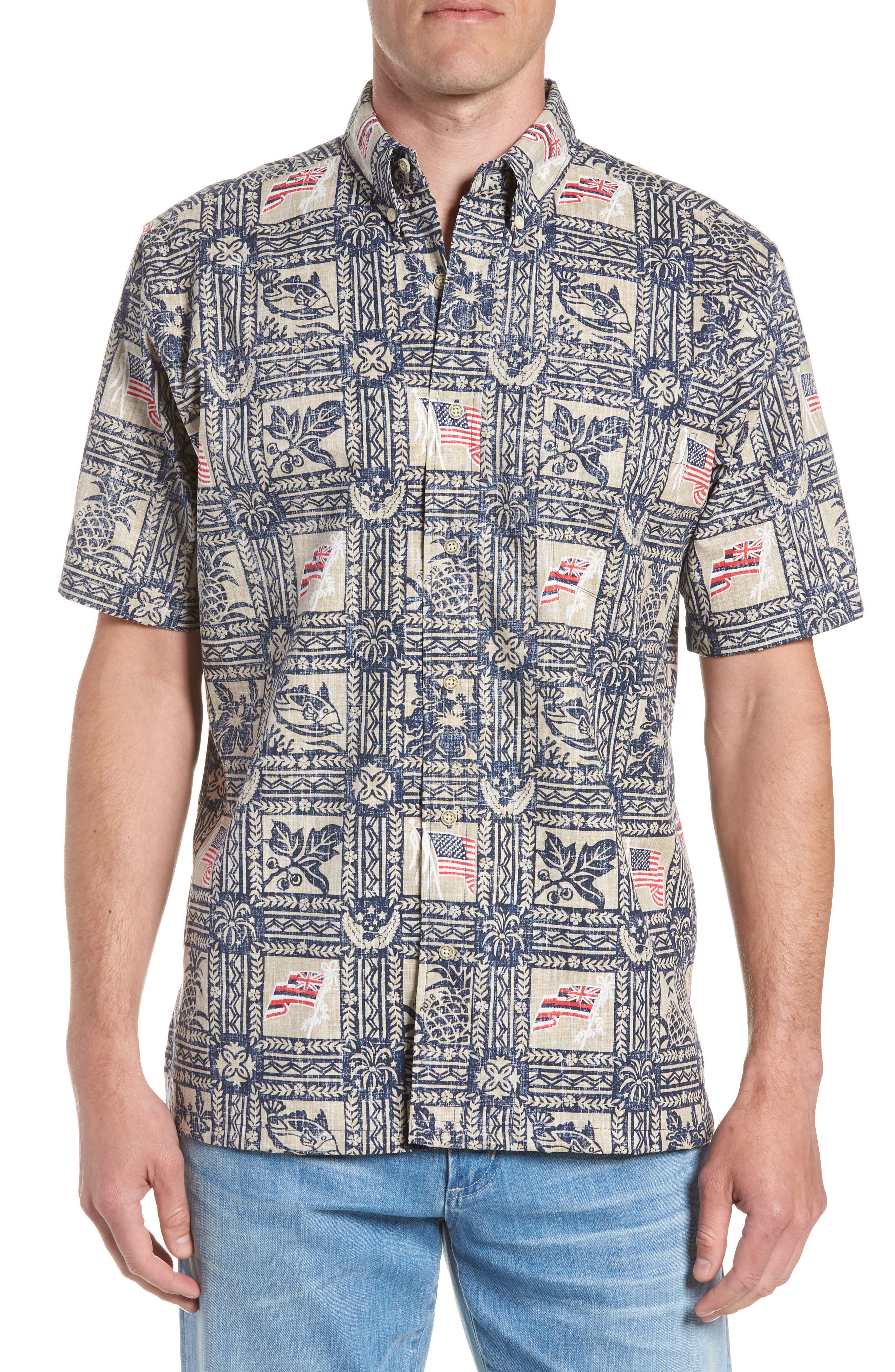 Reyn Spooner Summer Commemorative 2018 Classic Fit Print Sport Shirt, Blue