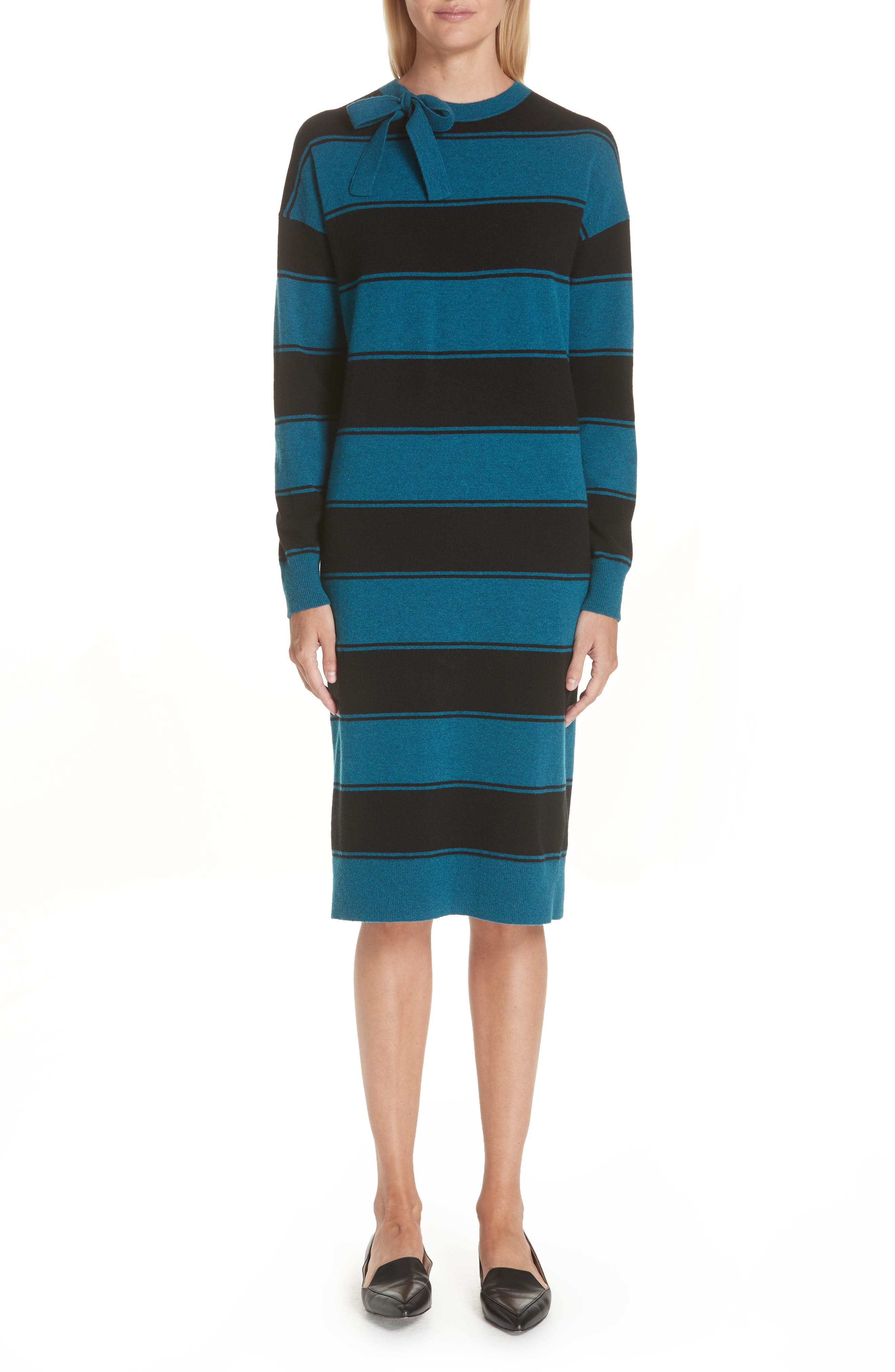Marc Jacobs Tie Neck Stripe Wool Sweater Dress, Blue/green