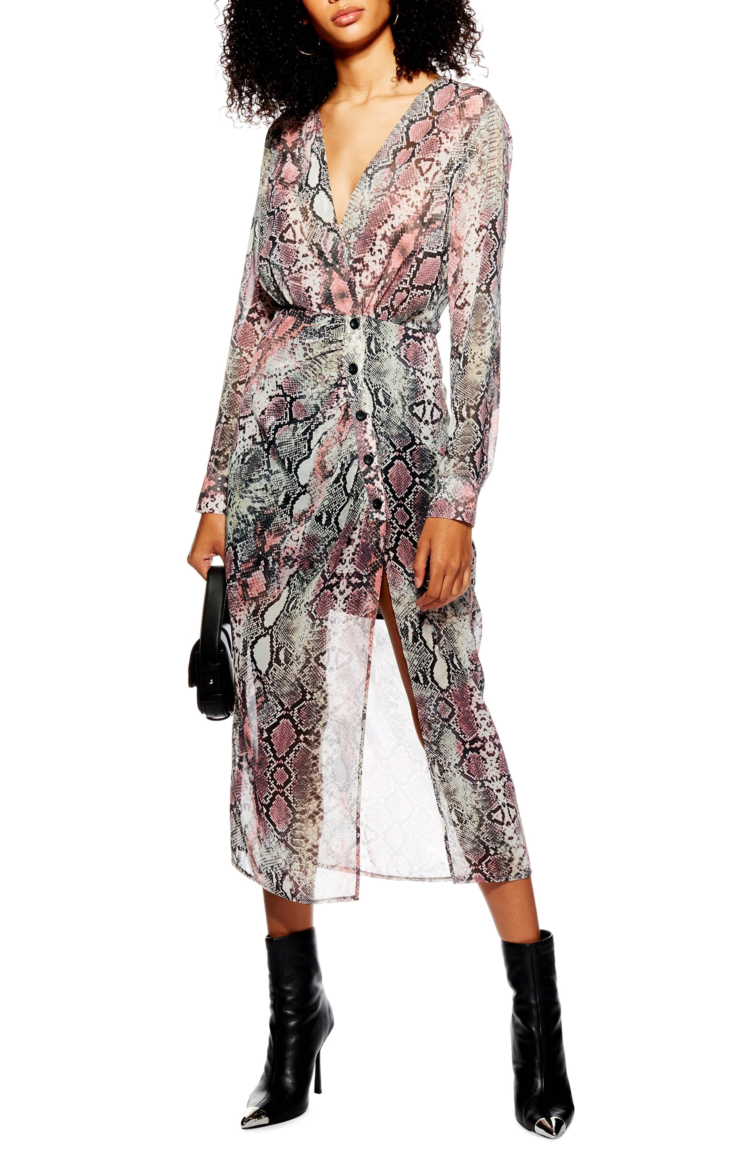 Petite Topshop Snake Print Chiffon Midi Dress, P US (fits like 2-4P) - Pink