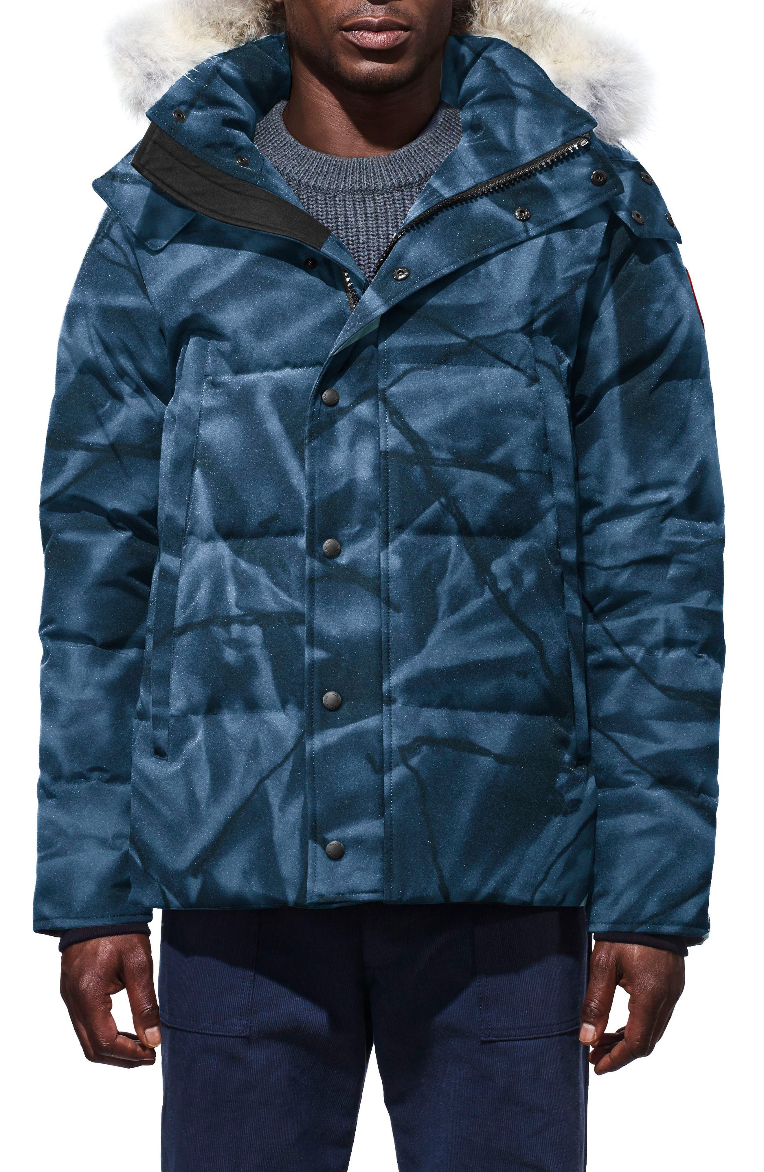 Canada Goose Wyndham Slim Fit Genuine Coyote Fur Trim Down Jacket, Blue