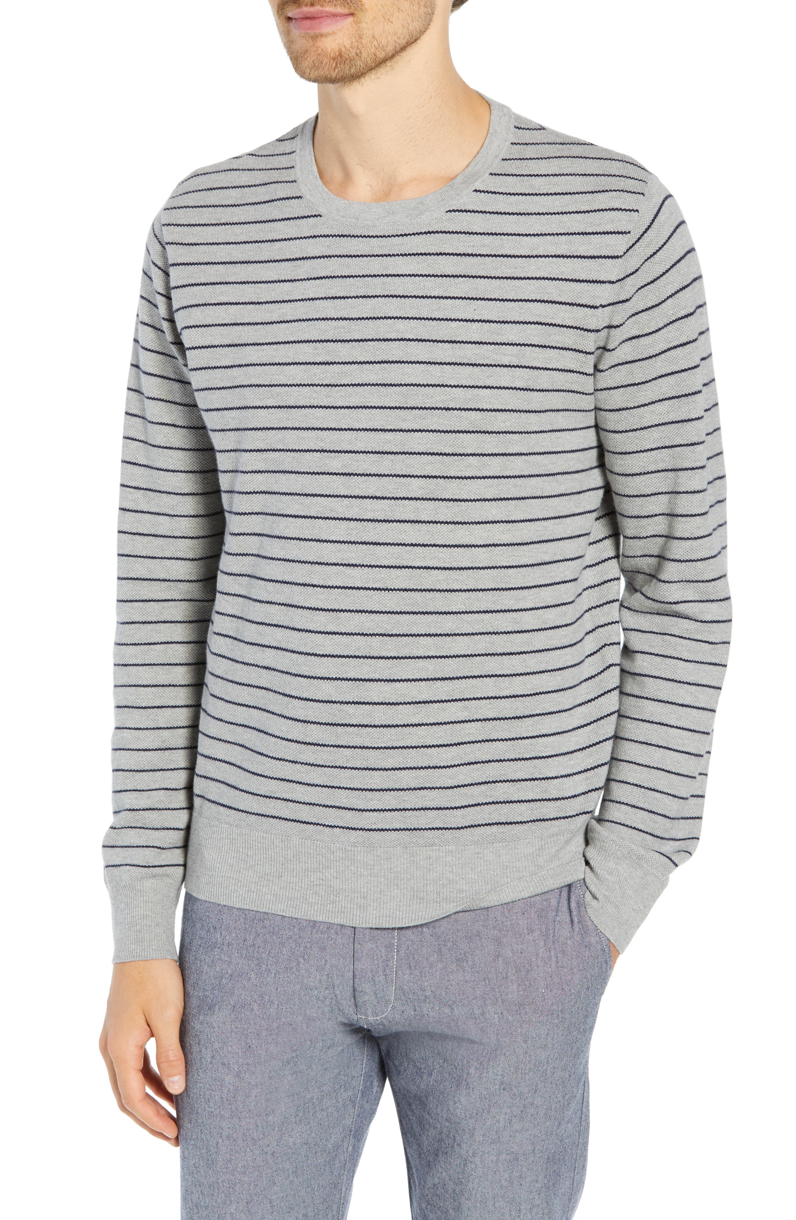 J.crew Stripe Pique Cotton & Cashmere Crewneck Sweater, Grey