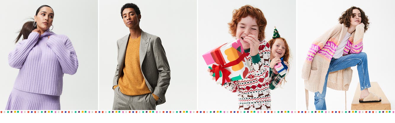 A woman wearing a matching purple knit sweater and bottoms. A man wearing an orange shirt and grey blazer. Two children holding wrapped holiday gifts. A woman wearing a knit cardigan, jeans and slippers. A holiday gift bag filled with wrapped presents.
