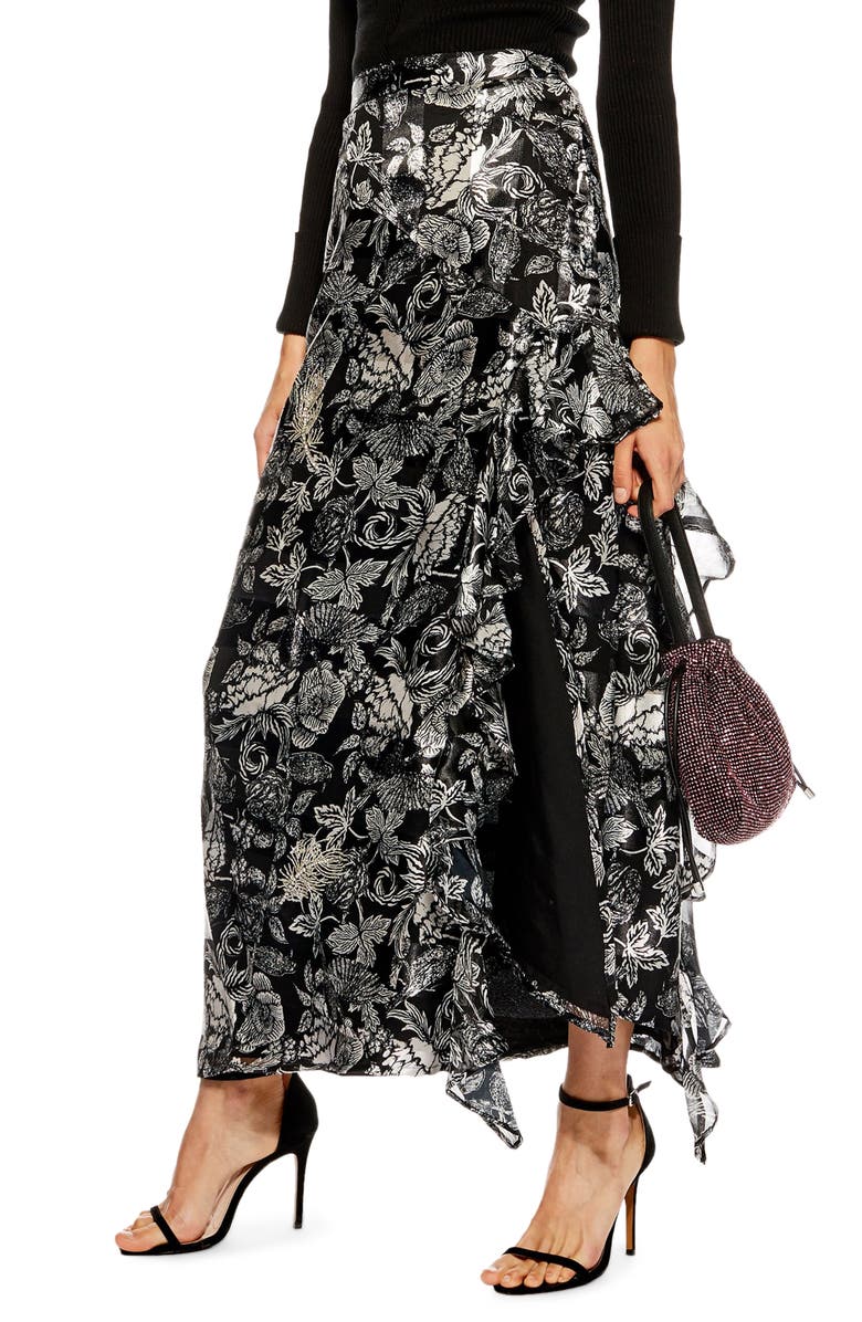 Feather Embellished Floral Maxi Skirt,
Main,
color, SILVER MULTI