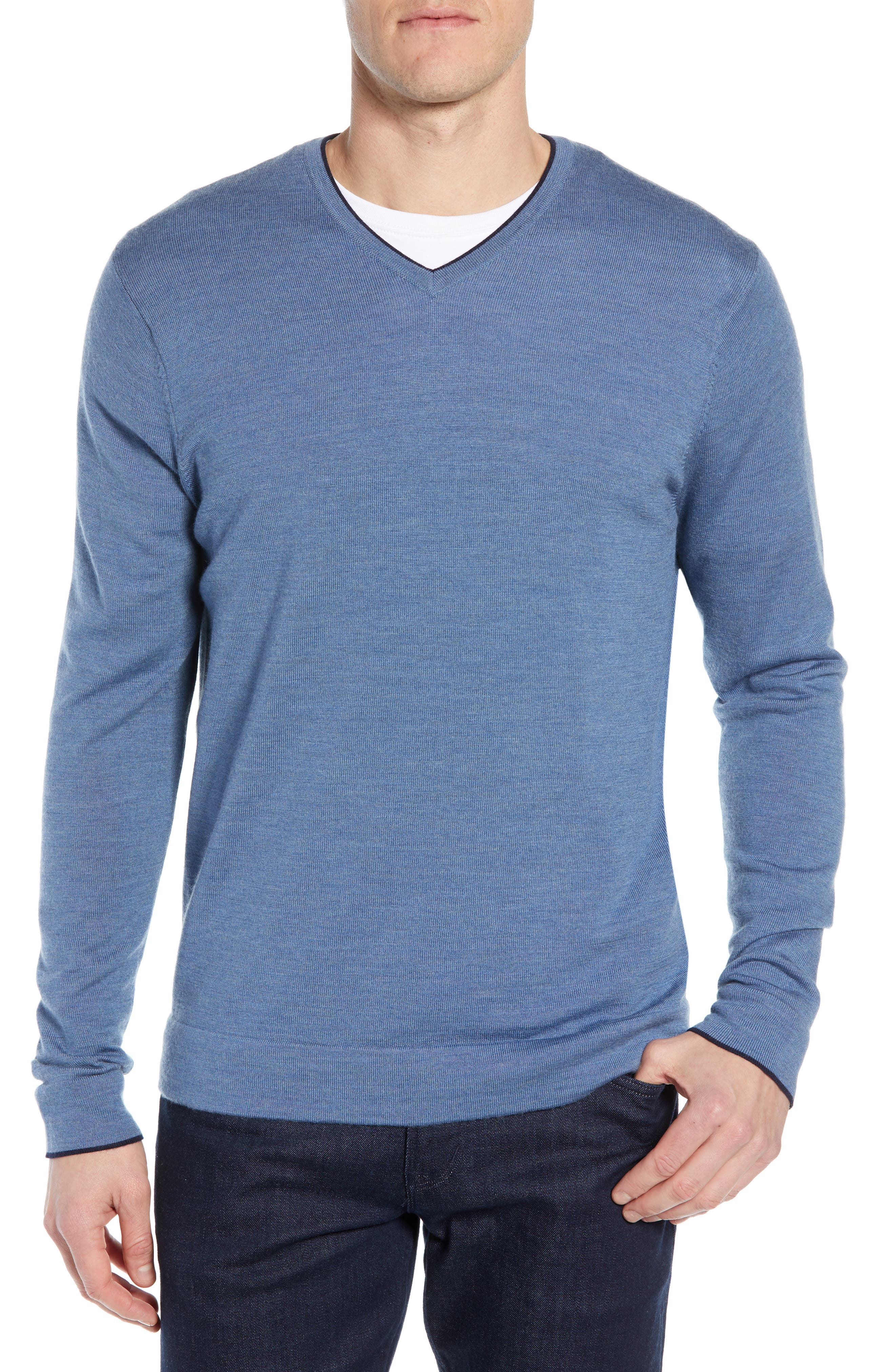 Nordstrom Signature Varsity Merino Wool Blend V-Neck Sweater, Burgundy