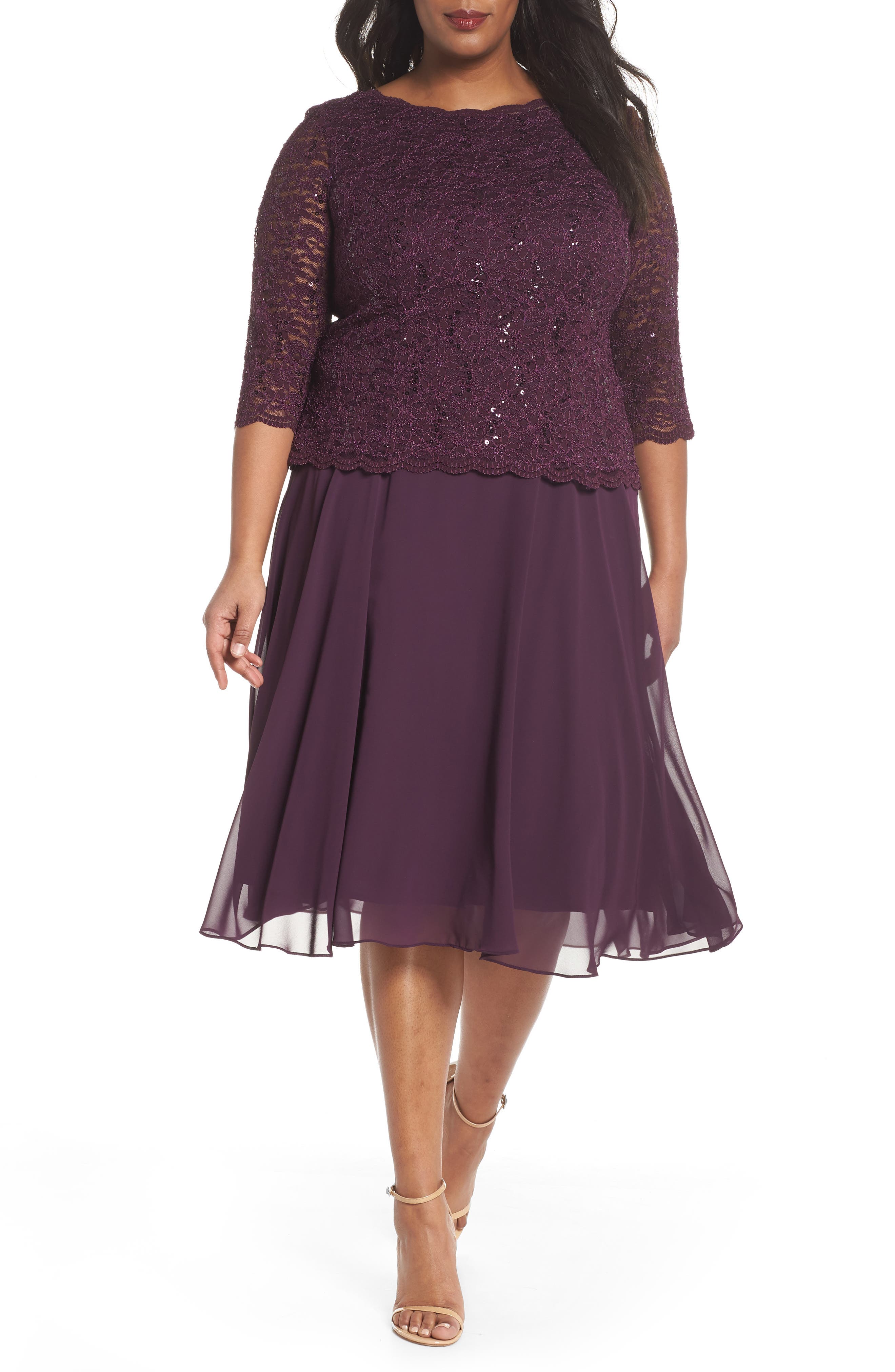 Plus Size Alex Evenings Mock Two-Piece Tea Length Dress