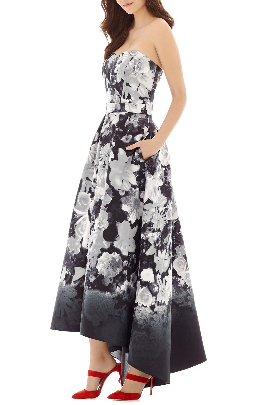 Alfred Sung Floral Print Strapless Sateen High/low Dress