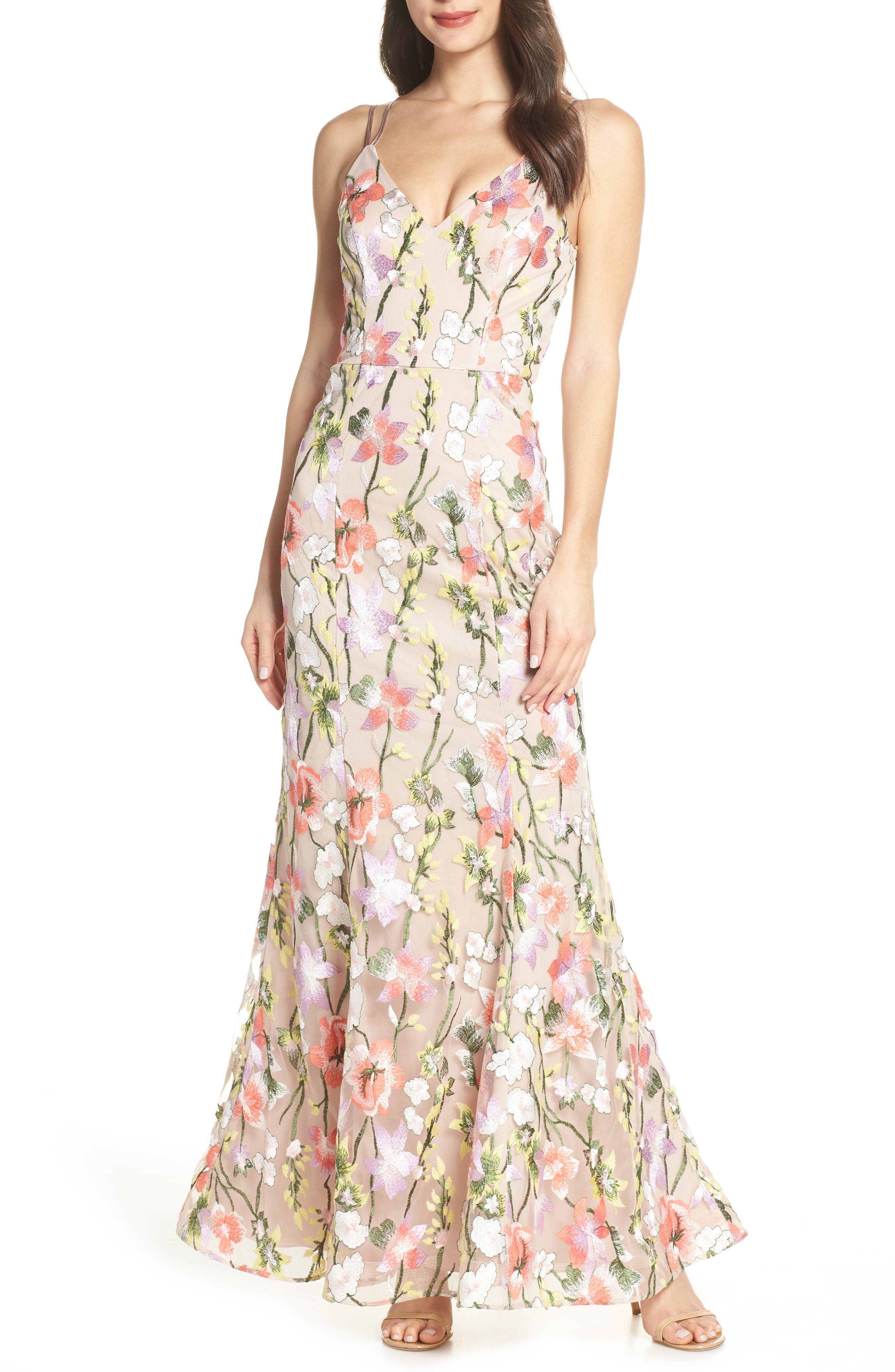 Sequin Hearts Floral Embroidered Evening Dress, Beige