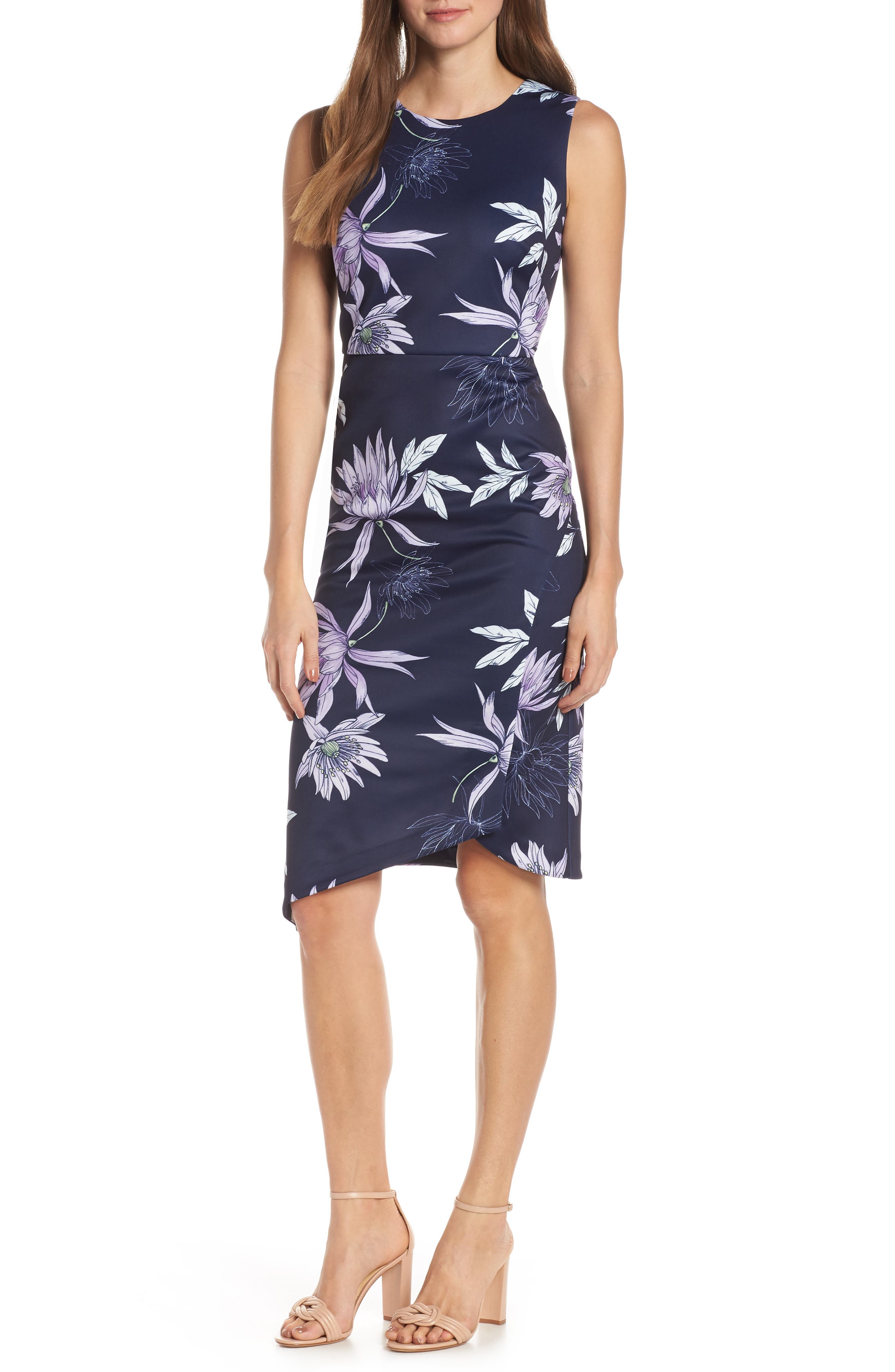 Petite Vince Camuto Floral Print Asymmetrical Hem Dress, Blue