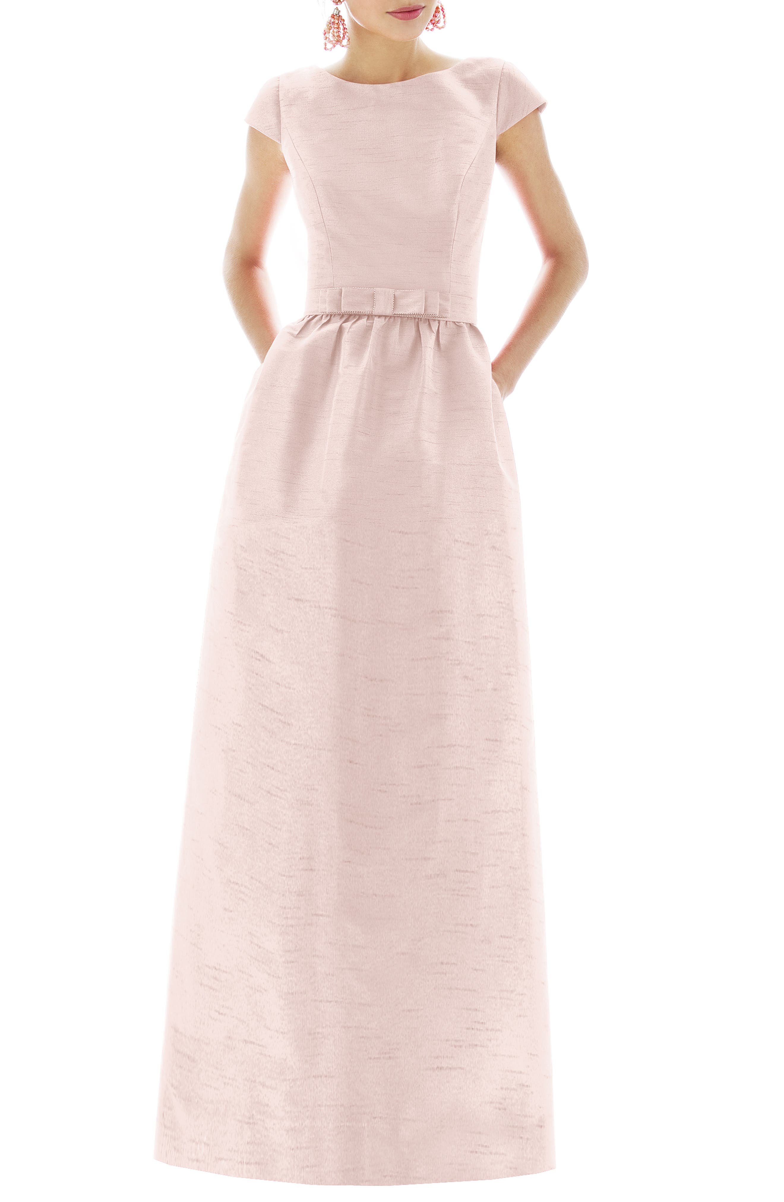 Alfred Sung Cap Sleeve Dupioni Full Length Dress, Pink