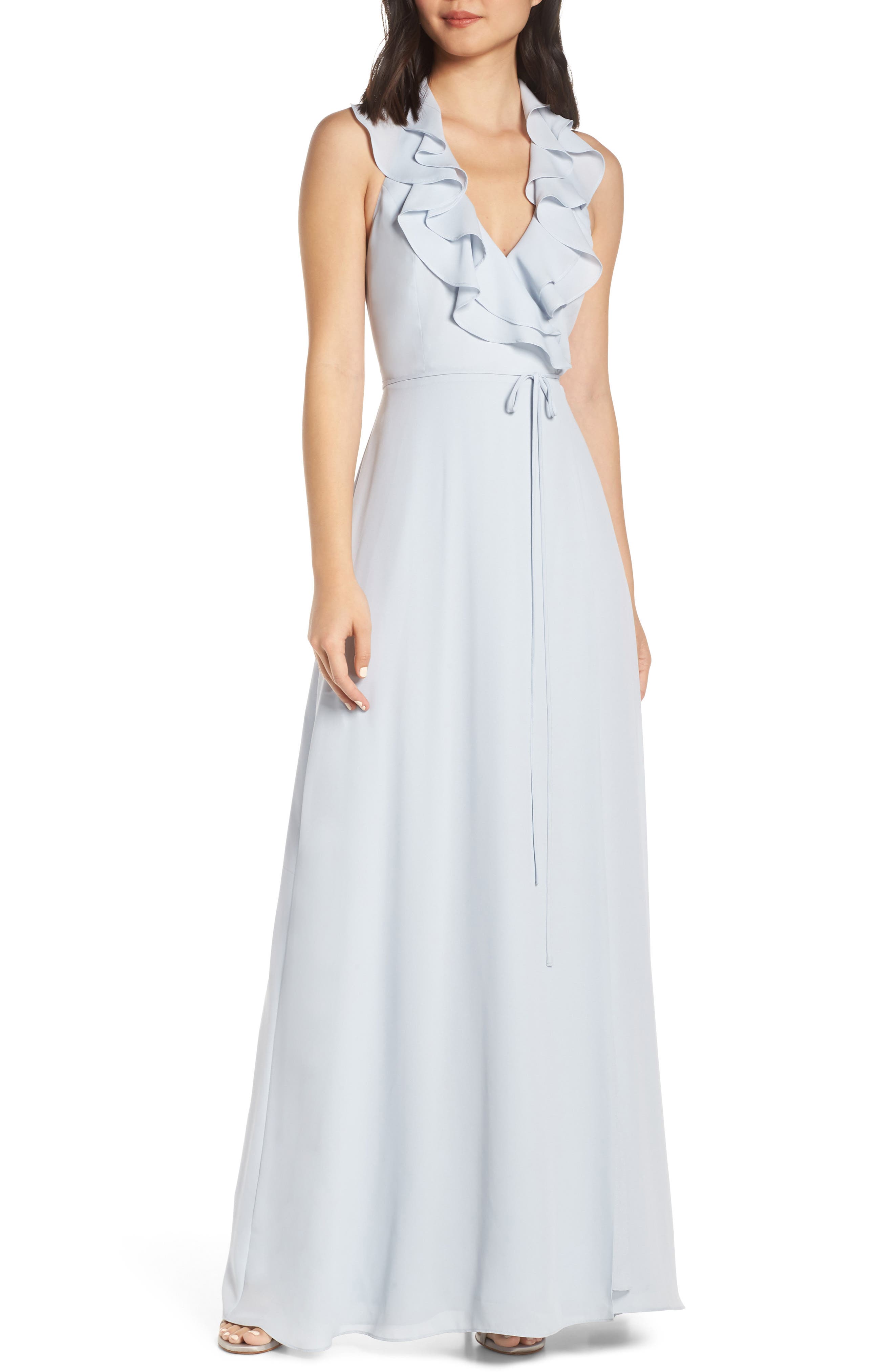 Wayf The Riley Lace-Up Back Wrap Evening Dress, Blue