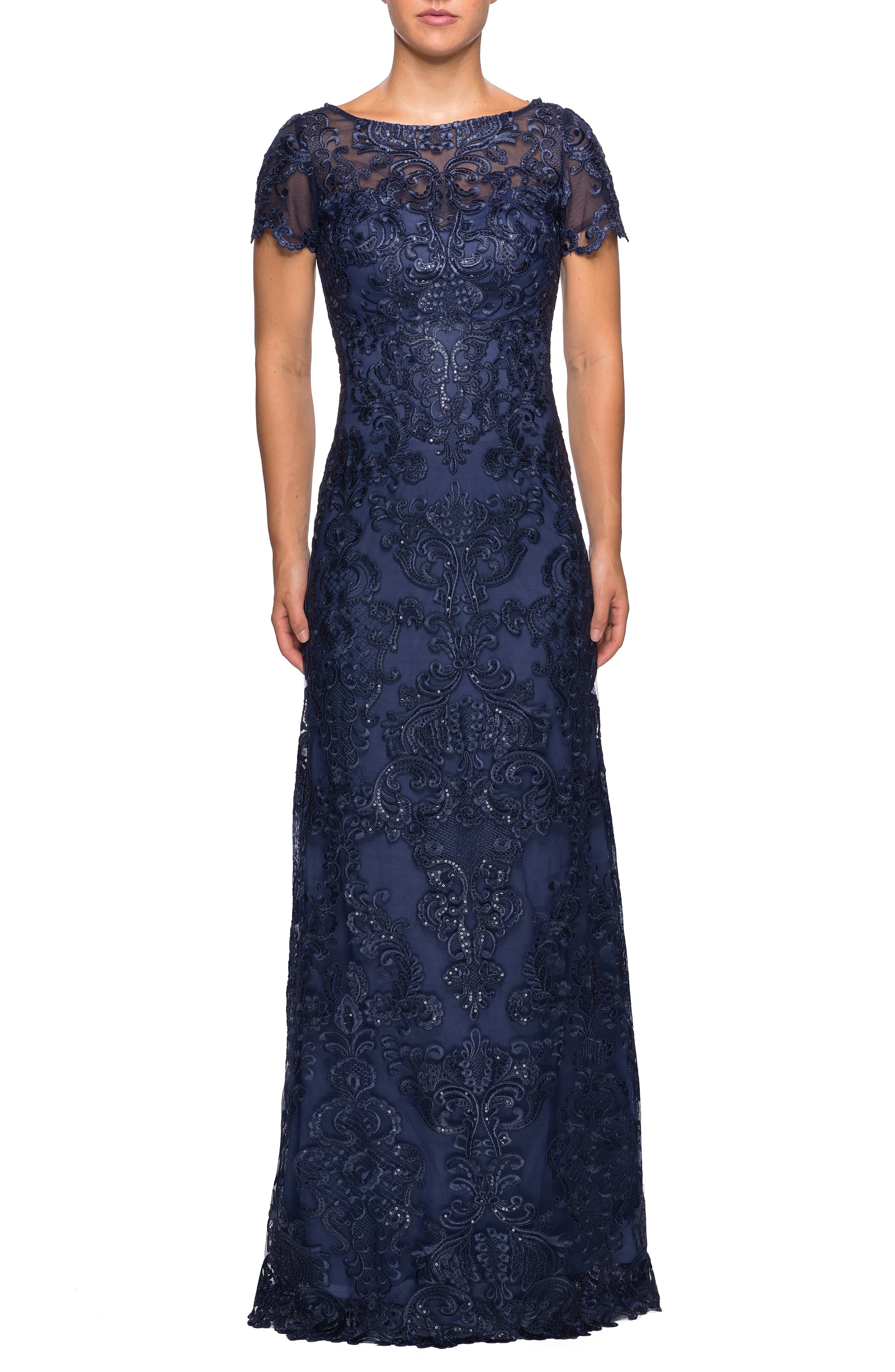 La Femme Sequin Embroidered Column Dress, Blue