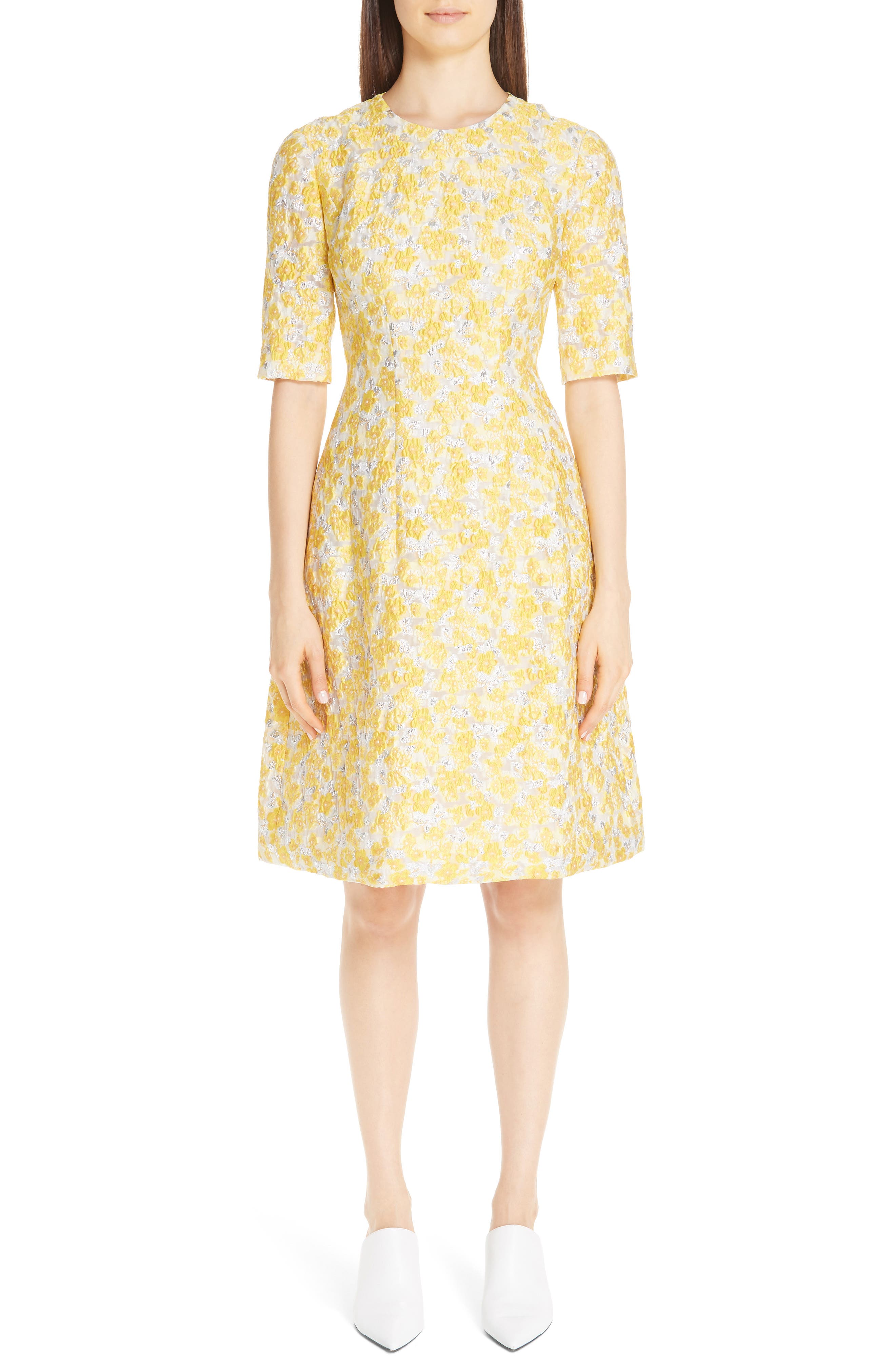 Lela Rose Holly Metallic Floral Fil Coupe Fit & Flare Dress, Yellow
