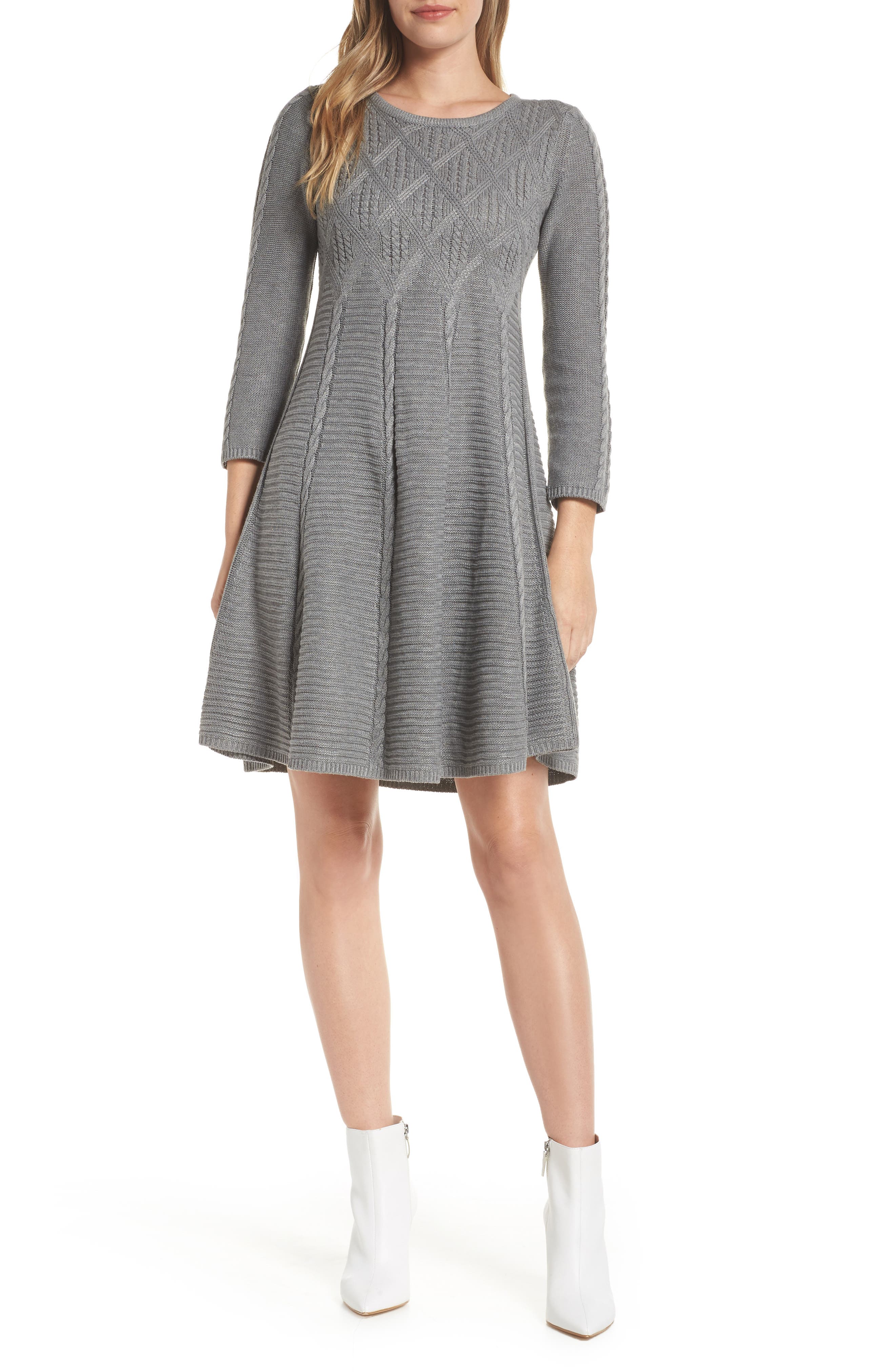 Eliza J Cable Fit & Flare Sweater Dress, Grey