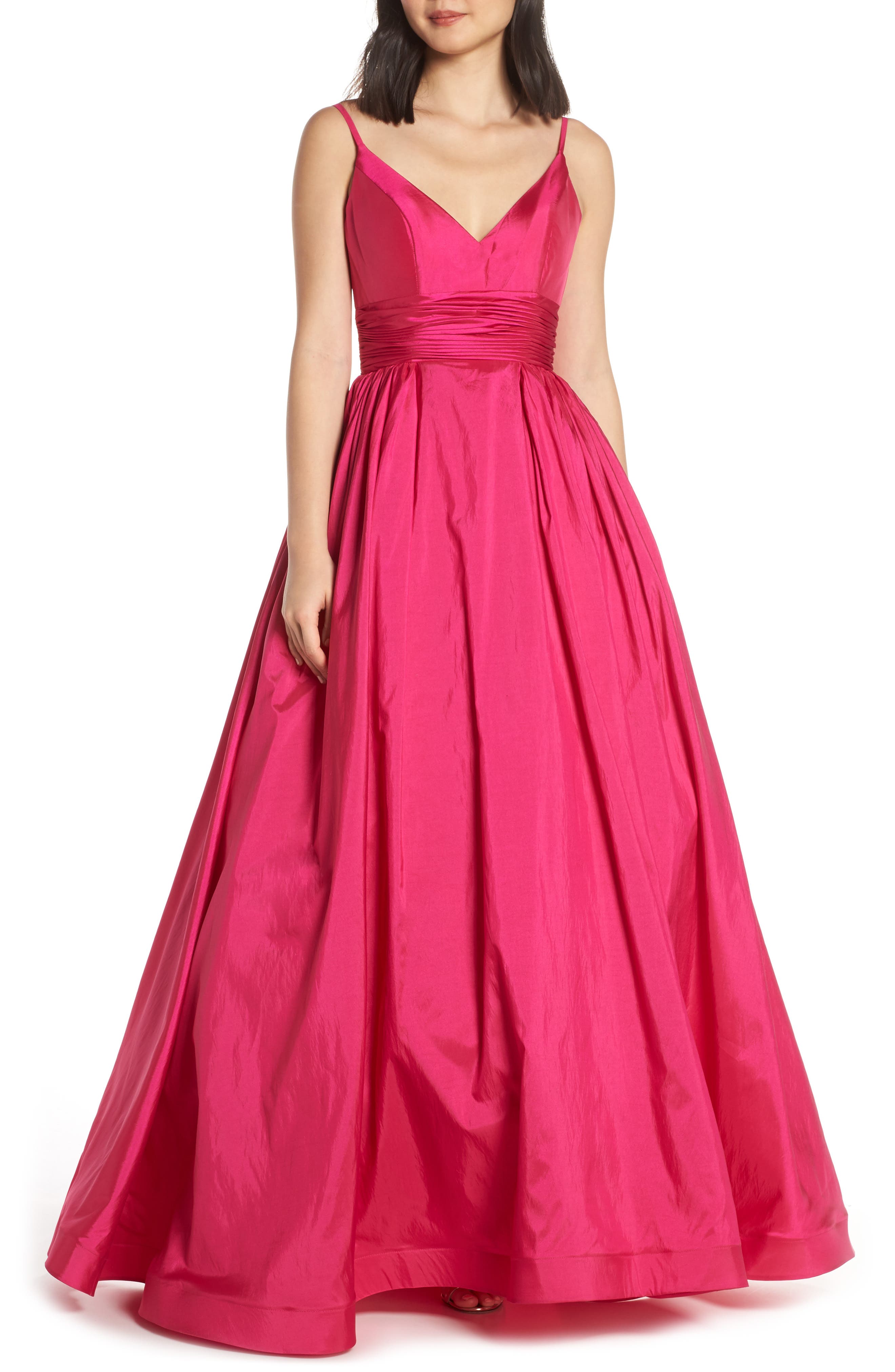 MAC Duggal V-Neck Satin Evening Dress, Pink