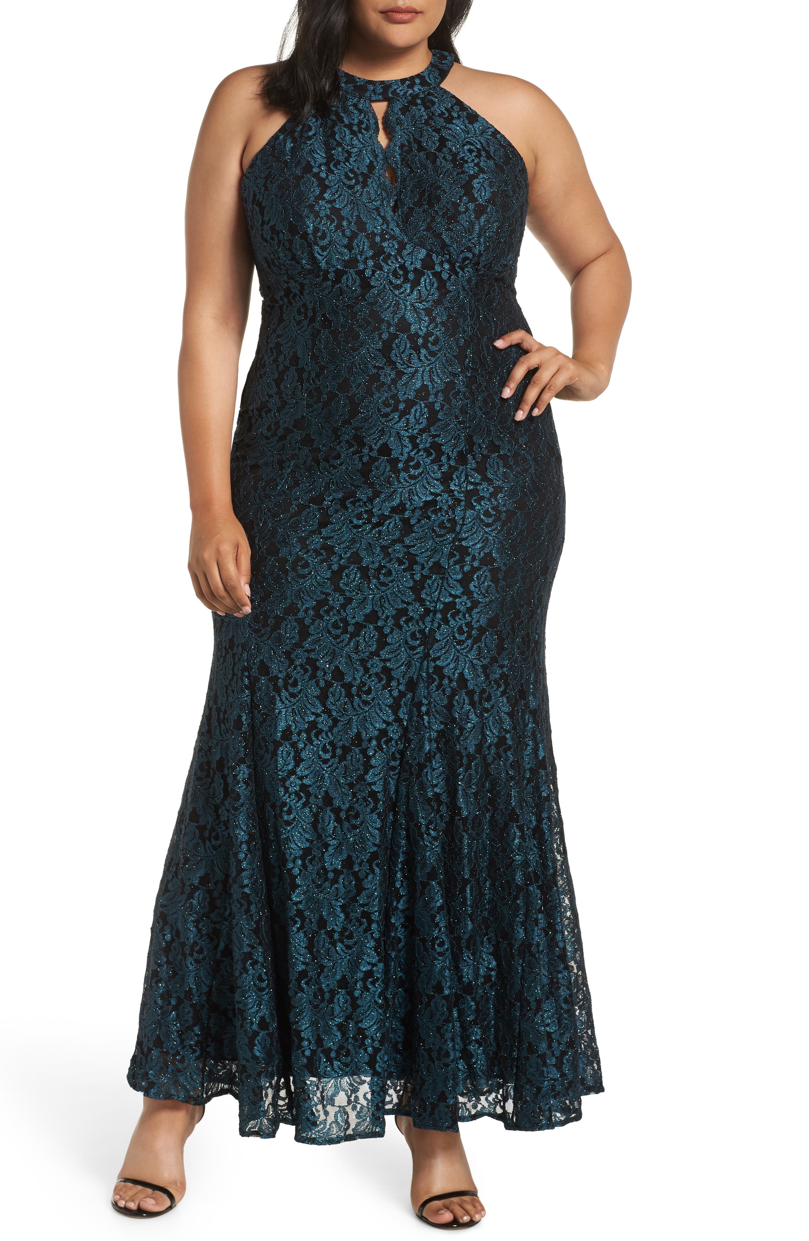 Plus Size Morgan & Co. Glitter Lace Trumpet Gown, Green