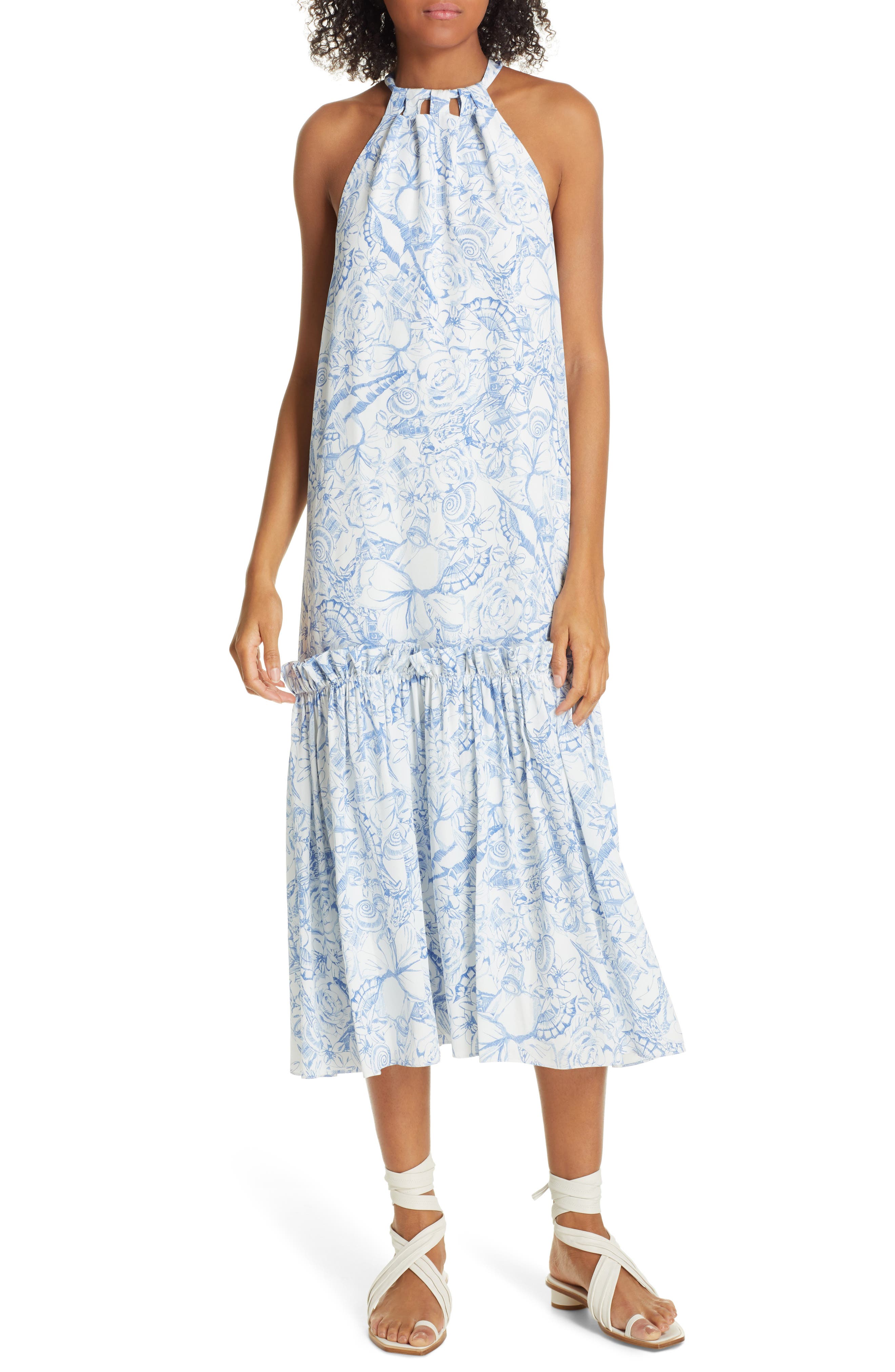 Tibi Isa Toile Print Silk Midi Dress, White